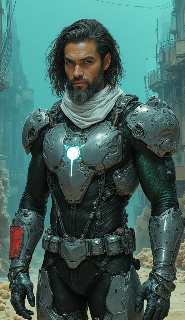 Firbolg apperance, young male, sci fi, space, space clothes, long hair, black hair, green eyes, aquamarine skin, cosmic, space suit, cosmic feature
