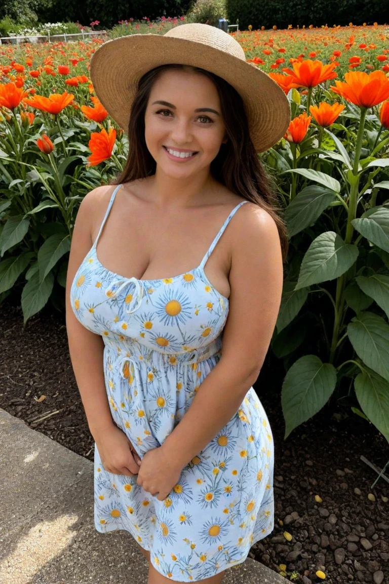 Spring in the misty fields. Erotic, voluptuous, curvy woman. Hana haruna. body measurement of 100-70-90! beautiful chubby face, round face, long hair, sun hat. Her wide heart-shaped lips curl up, light smile. Beautiful seductive eyes. She wears a short transparent summer dress, floral pattern.  Crawling out of tall grass. Masterpiece, warm orange Lighting. Taniaayusiregar 