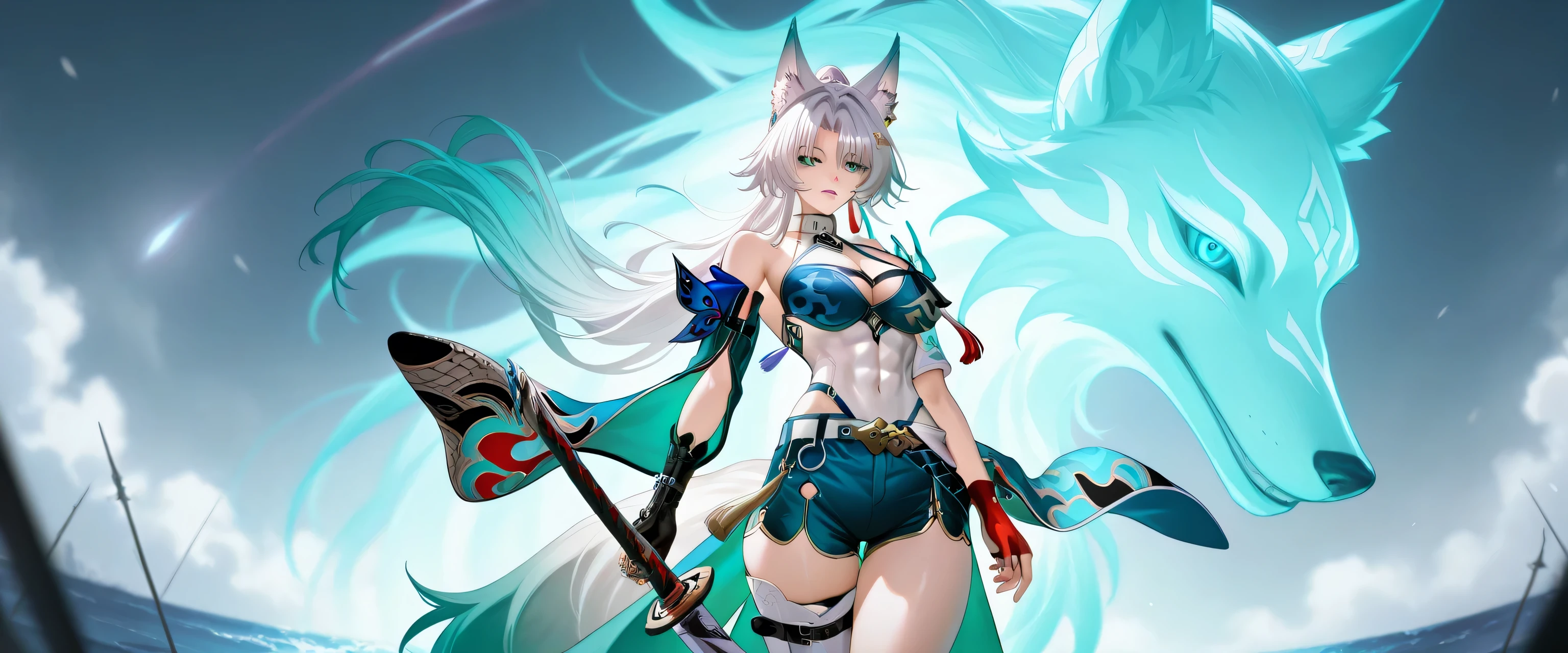  realistic skin, (realistic face:0.9), cozy style, adult, fFaceDetail, BREAK, best quality, feixiao (honkai: star rail), fox girl, white hair, very long hair, parted bangs, gradient hair, long hair, green eyes, blue eyes, fox ears, animal ear fluff Chest, bangs, large Chest, belly button, cleevidge, jewelry, nail polish, , acheron_\(honkai: star rail\), blue hair, long hair, 1girl, abs, BIG ass, BIG breasts camiseta braca, sutiã verde água, shorts verde água curtos,  , vista de cima,   perspectiva ,  ar livre, de cima, , praia, árvores , 

