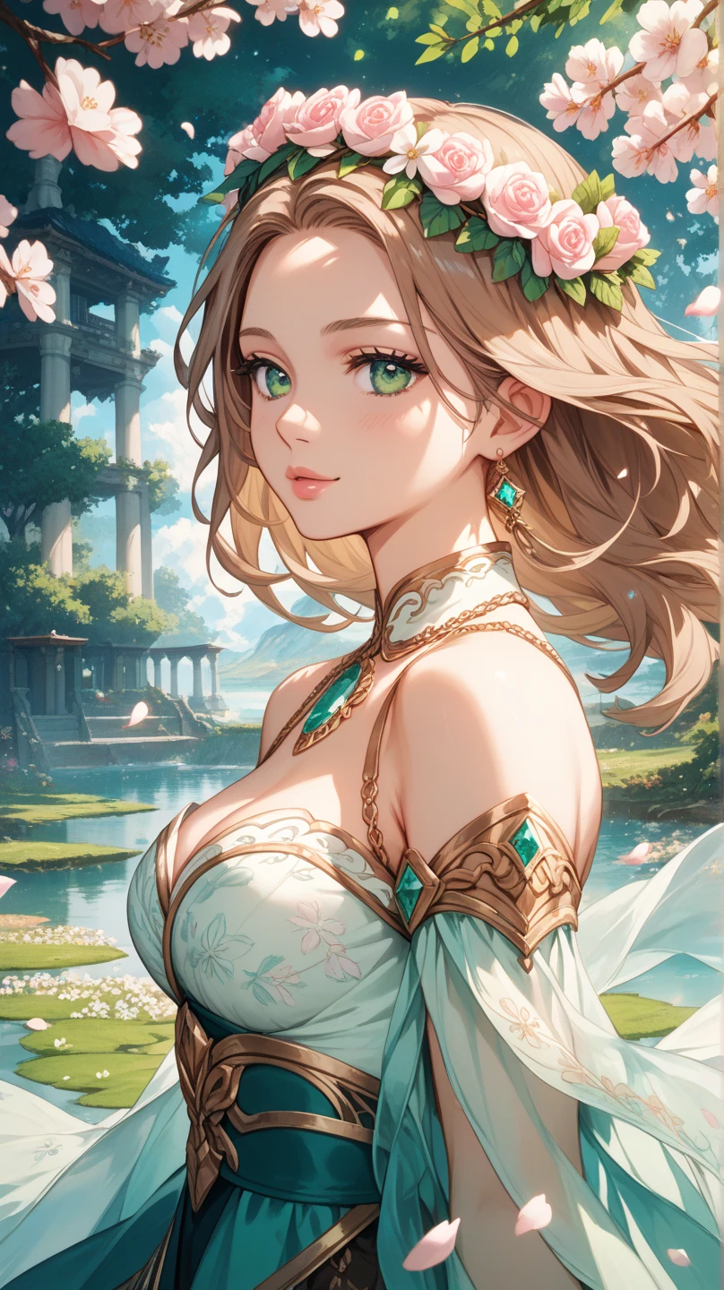 fantasy girl,detailed face,detailed eyes,lush green grass,abundant colorful flowers,soft sunlight,enchanted atmosphere,butterflies flying around,delicate petals floating in the air,ethereal beauty,harmonious colors,impressive level of detail,imagination and creativity,airy and dreamlike,soft and gentle,storytelling quality,best quality,ultra-detailed,realistic,bokeh