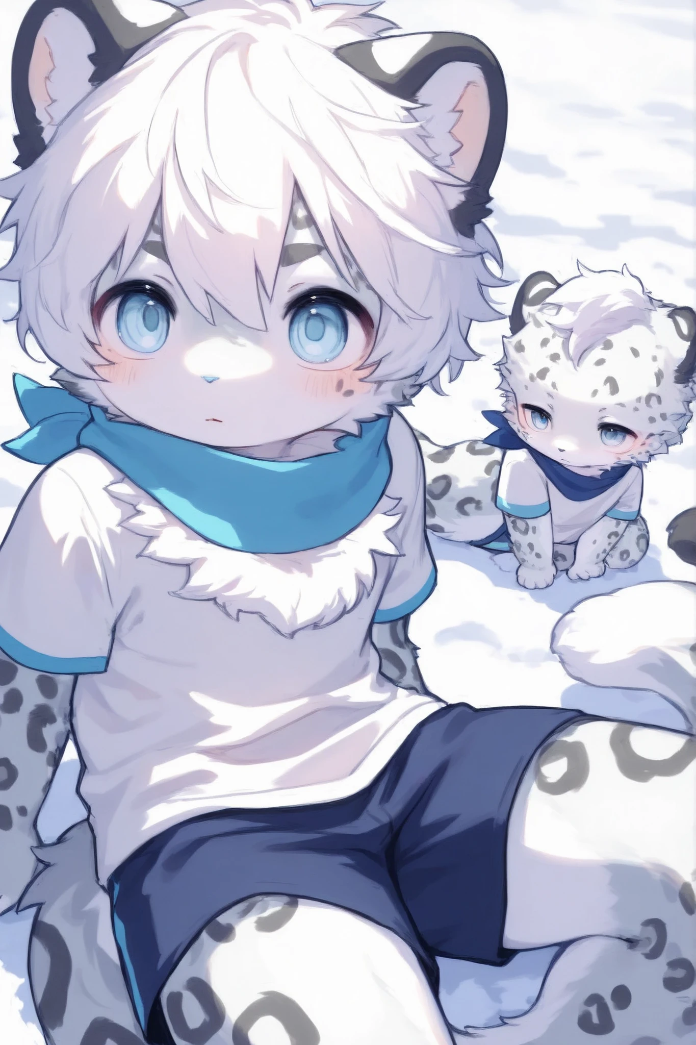 Kemoshota, naked muffler, big handmade muffler, navel, dynamic angle, cold, freezing, short height, short statue, snowing, snow leopard kemoshota, naivety, innocent boy