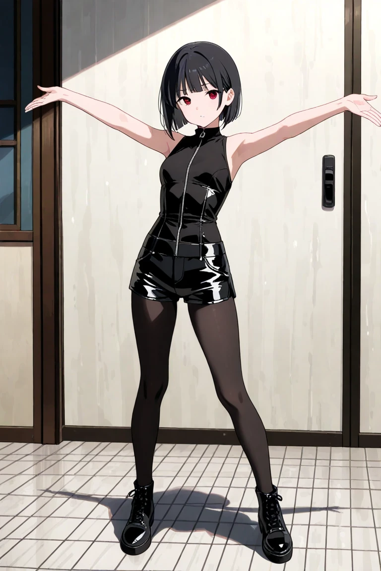 (in front of mirror:1.25),absurdres ,absolutely resolution ,incredibly absurdres ,official art ,Highly detailed CG Unity 8K wallpaper, highest quality ,crossdressing ,small height ,flat chests,(beautifully elegant sleeveless latex dress:1.4) ,(bare feet in highheels), (high-heels),elbow-length long gloves , official art, Highly detailed CG Unity 8K wallpaper, highest quality, masterpiece, High resolution, black hair, short hair, full body photo,(ikari_shinji:1.3),1 feminin boy, solo ,POV ,black hair, (short cut hair:1.3) ,(absolute shiny clothes), ultra shiny clothes ,embarrassed ,standing_split