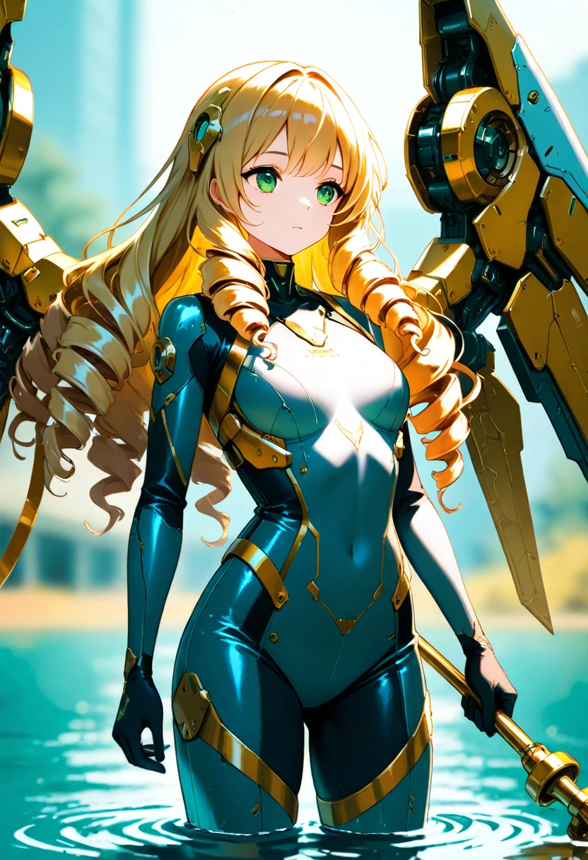 Super Detail, High Detail, high quality, best quality, High resolution,1 female robot,Beautiful female robot,beautiful clear face(Rain waves_haneame:1.5), Mechanical body(Smooth metal surface,armor,Mechanical seams of skin,beautiful body curves),Mechanical body structure,High-tech all over the body(mecha armor : 1.5),Streamlined mechanical armor (Relatively thick,Highlight breast curves),Mechanical parts damage