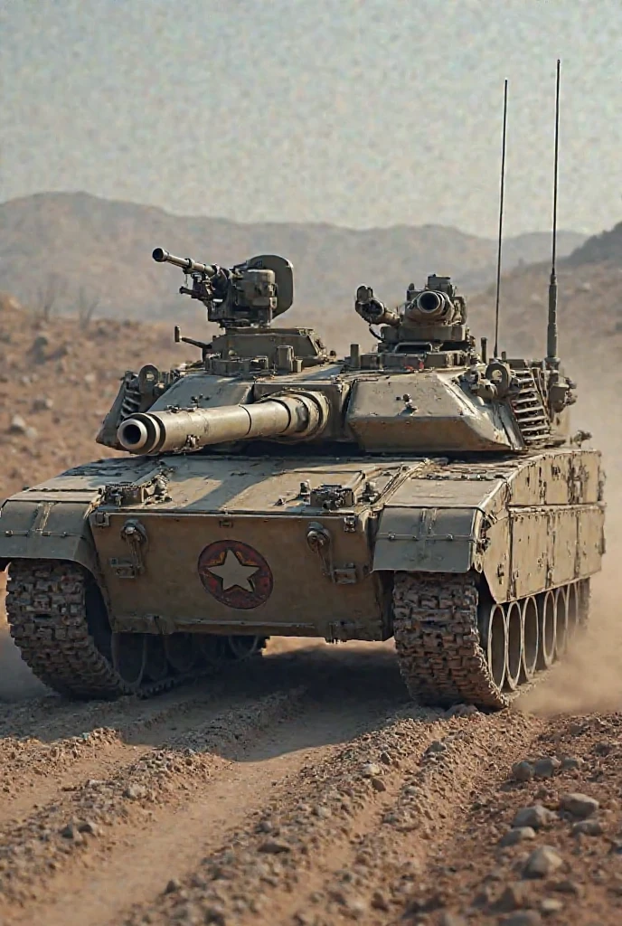 A hyper-realistic image of a military tank designed with the body shape of a Dodge Challenger. The vehicle combines the sleek, muscular lines of the Challenger with the rugged, armored features of a tank. The front of the vehicle features the iconic Challenger grille and headlights, seamlessly integrated with thick armor plating. The body has a low, wide profile, with heavy-duty tracks replacing the wheels. The tank is equipped with a large turret and cannon on top, and additional military hardware such as machine guns and reactive armor. The vehicle is painted in a matte camouflage pattern, blending urban and desert tones, and is depicted in a realistic military setting, such as a dusty battlefield or a military base. The overall look is powerful and intimidating, merging the aggressive styling of a muscle car with the formidable presence of a military tank