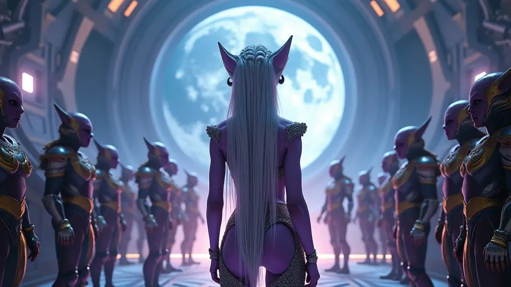 A sexy space vixen, vamp, and her space alien monkey boy, on an alien planet, she wears a very strange mushroom like fur coat, he sits at her feet on the ground in a loin clothe, on an alien planet, starry, background, 8k resolution, hyperdetailed.