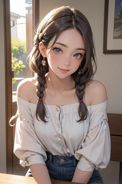 1woman,Golden head hair, ,((Impatient expression)),Beautiful breasts,((white tube top t-shirt,a short skirt)),well-styled,,(Facing the front)(((Blushing cheeks、Surprised look)),(((Braids))),((( Upper body portrait))),Blue eyes,(((Bangs are aligned)))