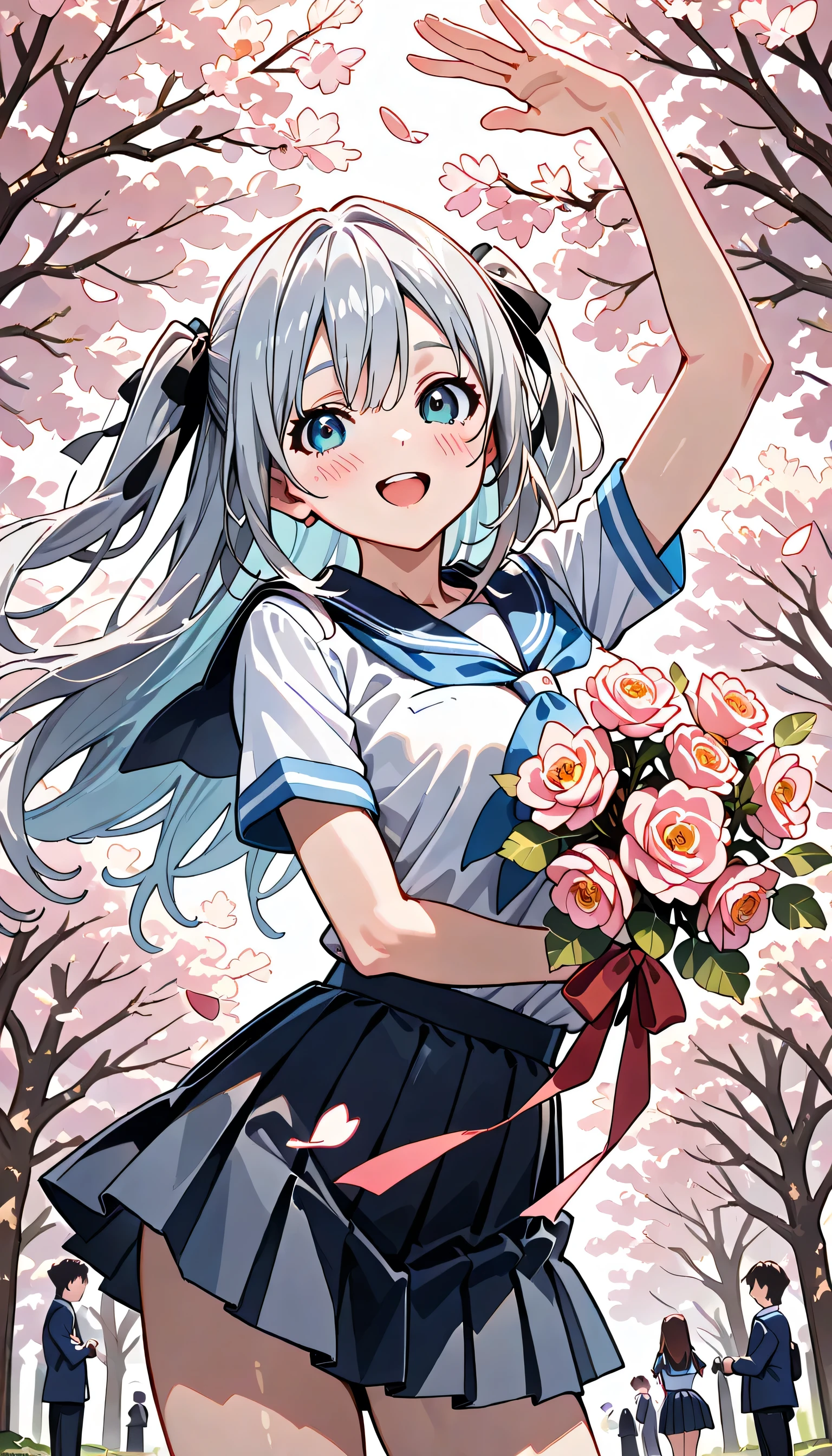 ((ultra-detailed)), (highly detailed CG illustration), (best quality:1.2), ultra-highly detailed, colorful composition, artistic photoshoot, 1girl, solo focus, ((cowboy shot:1.4)), moe anime character, girl, dainty facial structure, (baby face), (round face), ((rounded chin:1.2)), blue eyes, ((silver hair color)), ((long hair)), ((two side up)), ((hair ribbon with red)), ((fluttering hair)), ample breasts, school uniform, sailor suit, ((traditional Japanese style with navy blue and white colors)), ((navy blue pleated skirt)), white panties, ((happy:1.5)), ((joyful:1.5)), ((laughing:1.4)), ((weep with joy:1.4)), ((blush:1.4)), ((Sweat:1.4)), ((spoken heart:1.4)), ((holding a red rose biggest bouquet:1.4)), ((looking viewer)), ((standing along the cherry blossom trees:1.4)), ((cherry blossom petals dancing:1.4)), ((Cherry blossom petals dancing)), from front, ((dynamic pose)), ((contrapposto pose)), best quality, masterpiece, expecting, pink cheek, blush, light pink gloss slip, portrait, depth of field, soft lighting, sidelighting, (shine), lighting, caustics, ray tracing, smile, perfect face, lustrous skin, highly detailed face, highly detailed eyes, perfect face, perfect nose, perfect hair, perfect eyes, perfect anatomy, beautiful hair, beautiful small face, extremely detailed face, beautiful detailed eyes, beautiful clavicle, beautiful body, beautiful huge breasts, leavage, breasts squeezed together, equalize the size of the left and right breasts, beautiful thin thighs, beautiful legs, beautiful fingers, 4 fingers, 1 thumb, lovely, (very detailed background:1.0), (highly detailed background:1.0), spring aesthetic, intricate details, joyful atmosphere, spring colors palette, chromatic aberration