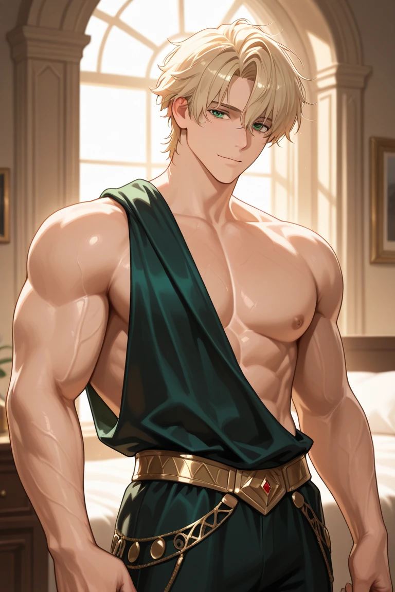 ((A young adult blond male with huge manly sagging pecs wearing erotic breast curtain outfit)), he is posing seductively bystanders watching him, NSFW, yaoi, hentai, porn, his penis is erect and lifting through curtain dress, (artstyle inspired by nucarnival), very erotic shot, visible testicles,