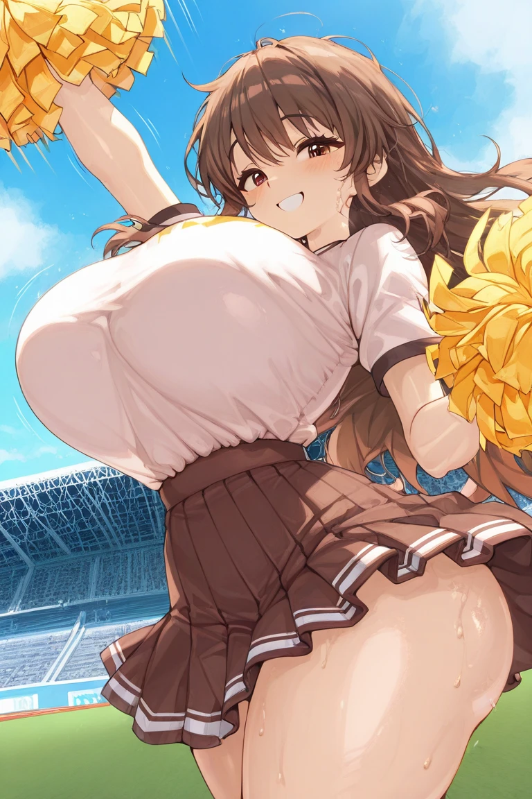 Score_9, score_8_up, score_7_up, score_6_up, score_5_up, score_4_up, source_anime, solo, 1girl, cute students, young female, sagging gigantic huge breasts, wide hips, thick thighs, huge areolae, areola slip, black areolae, dark nipples, sideview, detailed eyes, brown eyes, looking at viewer, cheerleading uniform, sleeveless, ahegao, orgasm, collarbone, head tilt, showing hairy stomach hair, mostly hairy stomach hair, showing hairy pubic hair, hairy stomach, micro skirt, showing armpit, hairy armpit hair, bukkake, cum shot on armpit, sperm, sex with boy, Japanese, hentai, crowded schoolyard, having sex, sex from behind, side view, spreading legs, hand behind the head, fecundation mark, raping atmosphere, feeding breast milk, many penis,