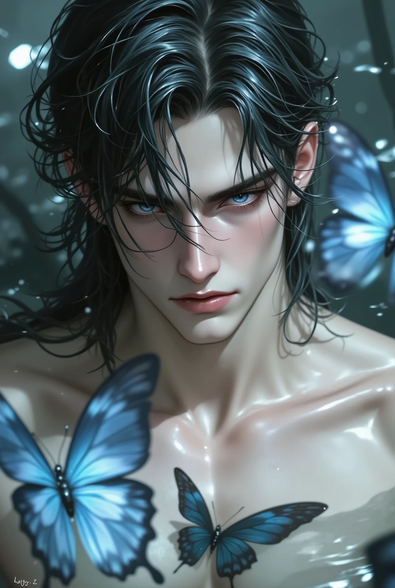 1 boy, Young male, (Long hair, half body inside water, less, Bathe in water, Wet hair and body, blue-colored eyes) Detailed eyes and face, Perfect male body, eye looking to camera,, China landscape, En plein air, Flowers and trees, waterfalls, butterflies, Portrait, color difference, Depth of field, dramatic shadow, Ray tracing, Best quality, Cinematic lighting, Extremely detailed CG, 8K wallpaper,,