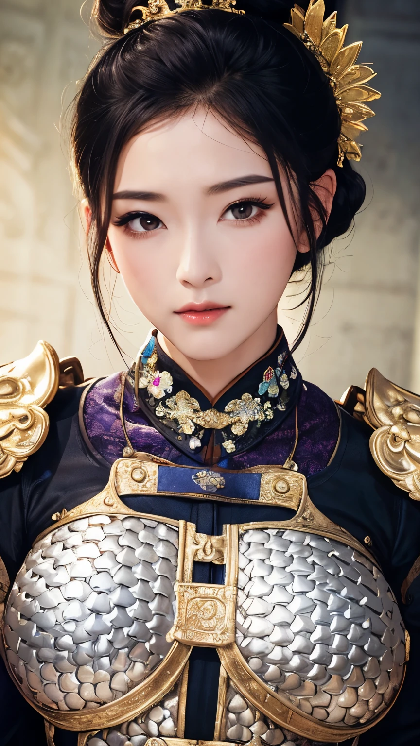 SOLO, A Female,Perfect body,(Chinese short hair,black Hair,hair bun), Wearing A purple Chinese Armor, UHD, anatomically correct, masterpiece, textured skin, high details, highres, 1080P, 16k, accurate, Beautiful face, Perfect face, Highly detailed beautiful face and eyes, Attractive face, Detailed face, Delicate facial features, Detailed skin,Upper focus,Look at the viewer,(((hbig bosom)))
