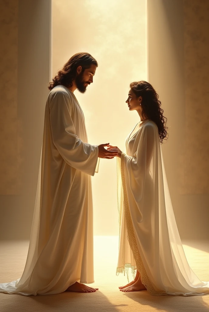 Describe an extremely detailed and realistic picture of Jesus Christ. Describe your face with a broad, high forehead, thick, curved eyebrows, deep, serene eyes, a straight nose and slightly open nostrils, soft lips, and a slight smile of kindness. Her hair is long, brown or light brown, straight and with a smooth, shiny texture, falling in gentle waves around her face. His face has softly defined cheekbones, clear, radiant skin, proportional ears, and slightly elongated lobes. His body has average height, broad shoulders, upright posture and is lean but healthy with slightly defined muscles. His hands are delicate, with long, thin fingers, and his nails are short and well groomed. He wears a white tunic of light, flowing fabric, covering his body up to his feet, with long, drugged sleeves. Over the tunic, he wears a cloak of unique color, such as blue or red, that wraps around his shoulders and falls into careful pleats. The general expression of Jesus is gentle, compassionate, and conveys wisdom and love. His gaze is kind, his smile radiates kindness and he emanates an aura of peace and tranquility, conveying hope and salvation