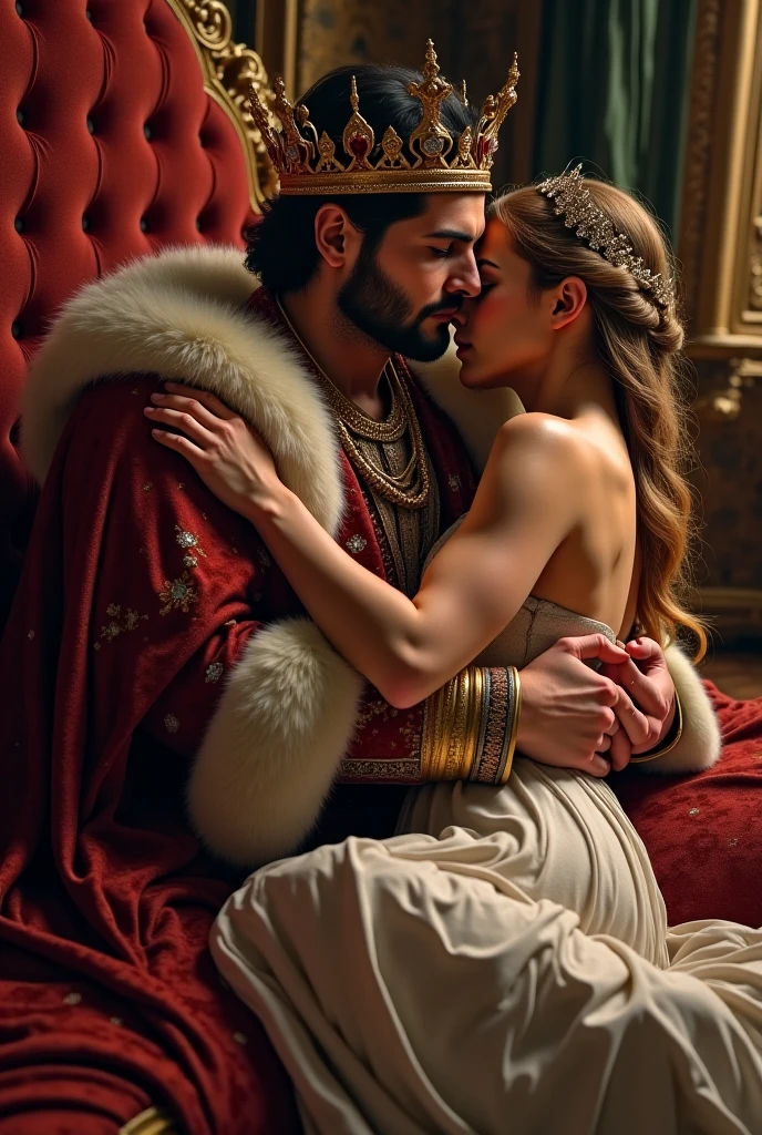 I have made an image of a King and Queen in which the King and Queen are standing in the Kamasutra abstinence and their eyes are bad and the Queen's breasts are thick and raised. One hand of the King is on the Queen's breast and the other hand is placed on the Queen's vagina.