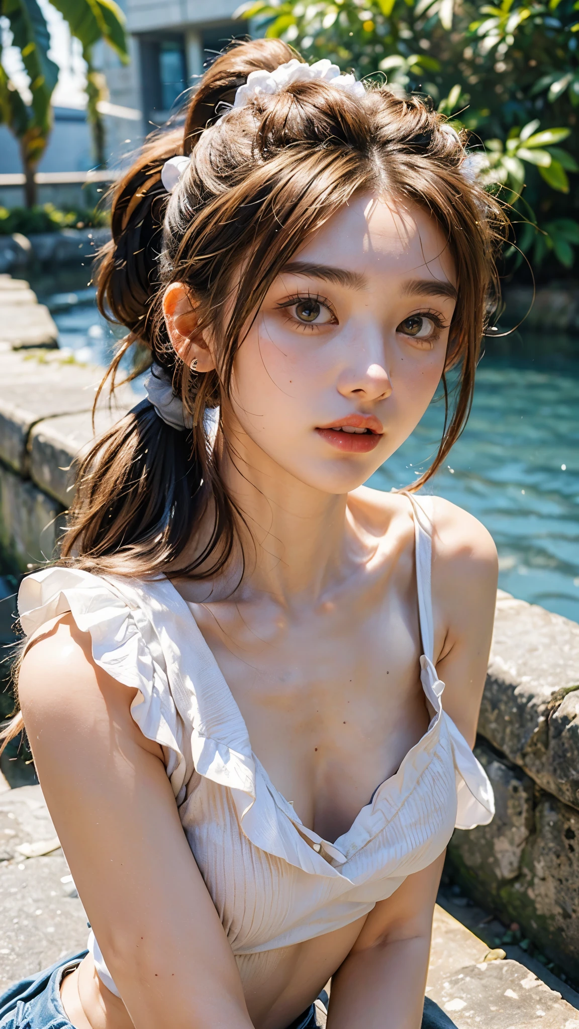photorealistic 3d render of a woman wearing a tight white sports bra, extremely detailed, hyper realistic, high quality, ultra detailed, 8k, realistic skin texture, beautiful facial features, realistic lighting, realistic shadows, elegant posing, flawless skin, beautiful eyes, full lips, sharp focus, drunk blush , shoulder length hair,