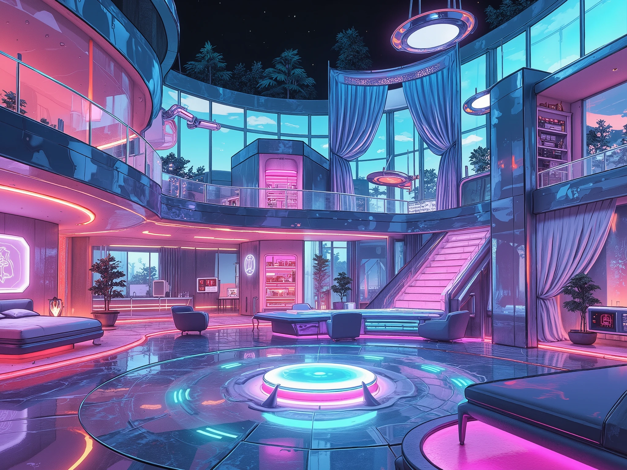 "Futuristic-style (translucent architectural marvel:1.4), a breathtaking smart home designed with cutting-edge translucent materials and illuminated by vibrant neon accents. The exterior is composed of glass-like panels with a crystalline texture, seamlessly blending transparency and glowing edges in shades of teal, pink, and violet. The walls have built-in energy circuits that pulse with soft neon lights, giving the house an ever-changing dynamic glow.
The interior features open-concept spaces with floors made of frosted glass that emit a subtle ambient light, creating a floating illusion. Translucent partitions with holographic displays separate each room, allowing for interactive customization of opacity and design. Furniture includes sleek shapes with transparent elements, such as chairs with glowing edges and a dining table made of polished glass supported by neon pillars.
Each room is equipped with smart lighting that adjusts brightness and color tones based on user activity, while the kitchen boasts translucent appliances with illuminated controls and glowing countertops. In the living room, the centerpiece is a suspended holographic entertainment hub surrounded by curved glass panels displaying vibrant animations. The bedrooms feature translucent canopy beds with built-in neon trails, evoking a serene and futuristic ambiance.
The house is surrounded by a garden with glowing pathways, made from translucent tiles that pulse faintly in sync with the house's energy. The roof is composed of solar-harvesting glass panels that shimmer during the day and radiate energy at night. Style: sleek, hyper-modern, vibrant neon contrasts, and a seamless fusion of glass textures and glowing details."