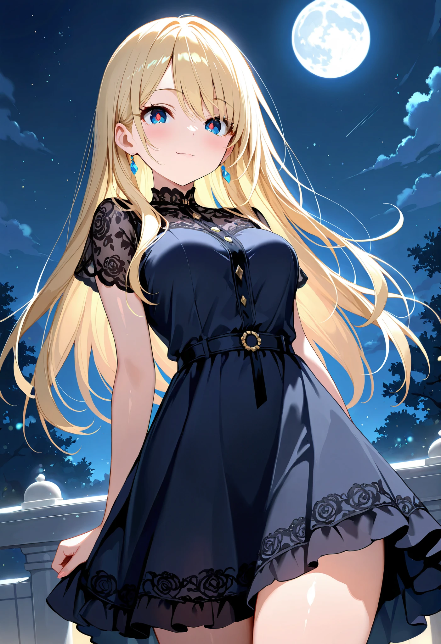 masterpiece, amazing quality,best quality, newest, absurdres, highres, safe,CG,(vivid:1.2),(extreme-detailed),cute face,clear skin ,shiny hair,beautiful eyes,eyelashes, ,long hair,blonde hair,straight hair,blue eyes,(red pupils:1.2),medium breasts,dress,moon,night,