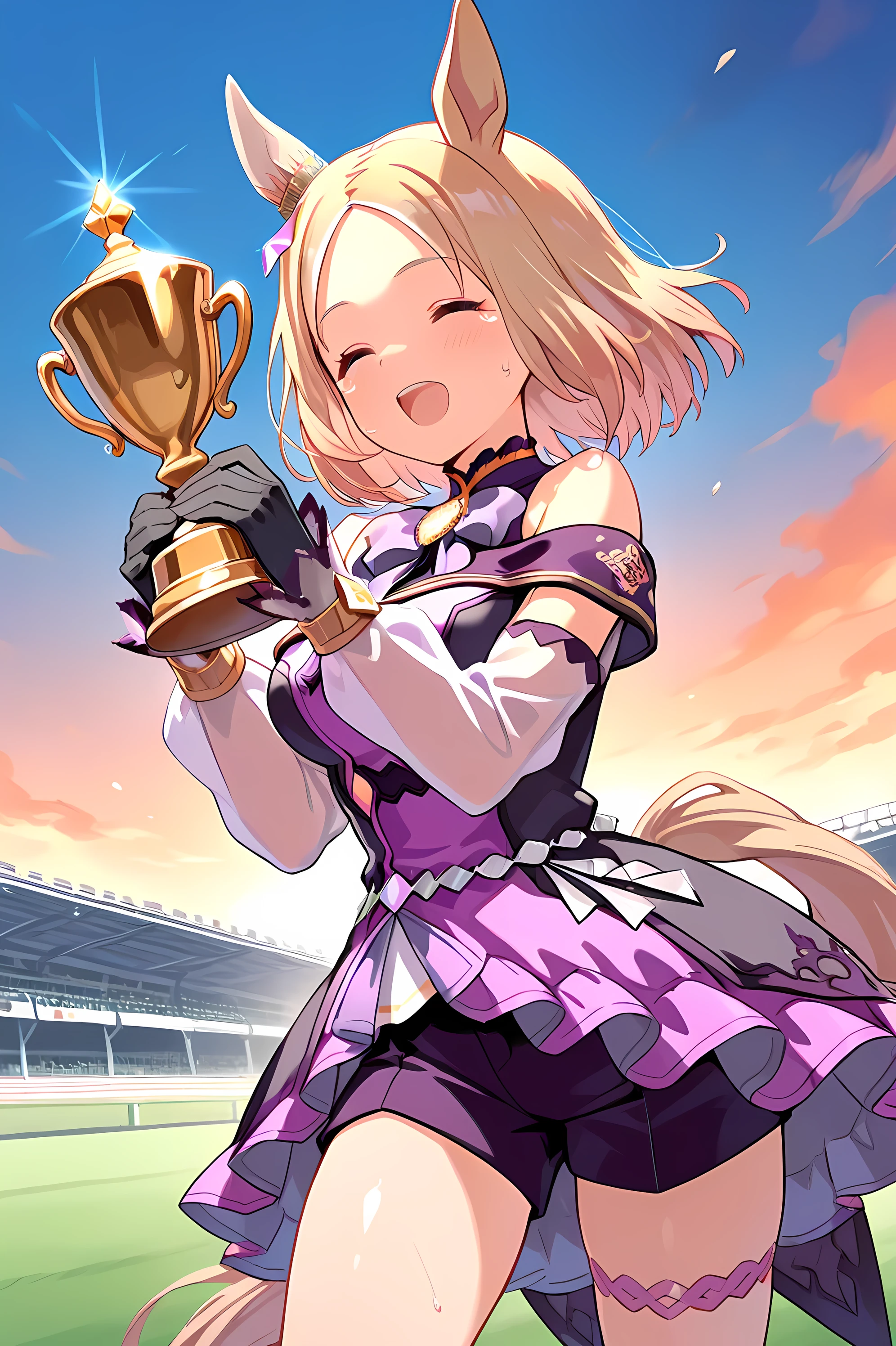 narita top road \(umamusume\),horse tail, short hair, animal ears, ear ornament, ear covers, single ear cover,purple dress, off-shoulder dress, purple bow, long sleeves, see-through sleeves, black gloves, purple shorts, thigh strap, bare shoulders,(((masterpiece))),(((detailed)))((best quality)),((hyper detailed)),(beautiful),((shinythighs)),(((shiny skin))),(high quality skin),((8k)),((high resolution)),dynamic motion,hands up,(holding a big trophy),gold and Gleam trophy),standing,(smile and happy tears),
horse racing track,evening and Radiant Sunset,sweat,closed eyes,open mouth,from front,close-up,cowboy shot
