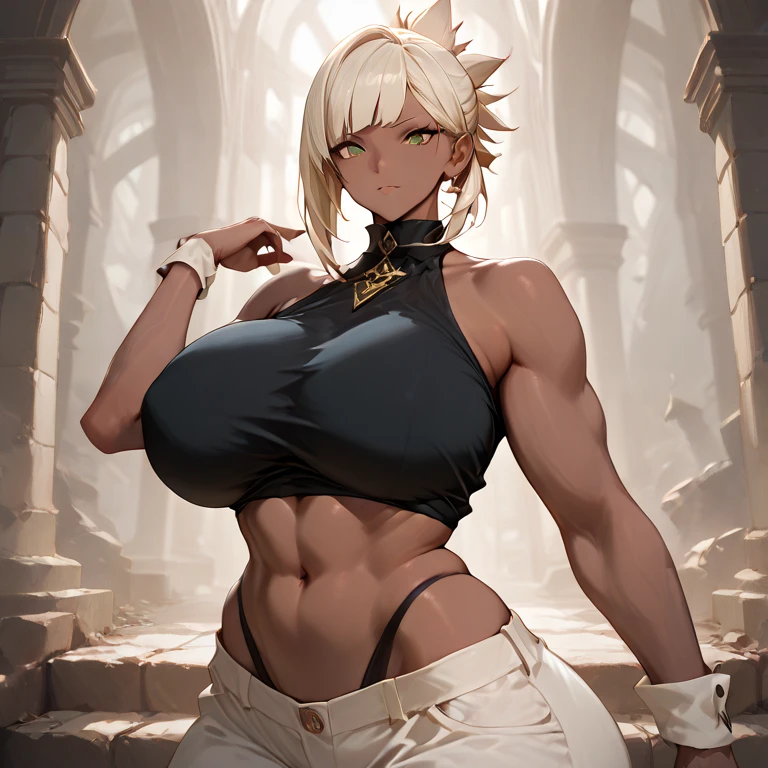 masterpiece、highest quality、1 girl、solo、Debdia、eyepatch、muscular woman、dark skin woman、big breasts、cleavage、crop top、white pants、bandage