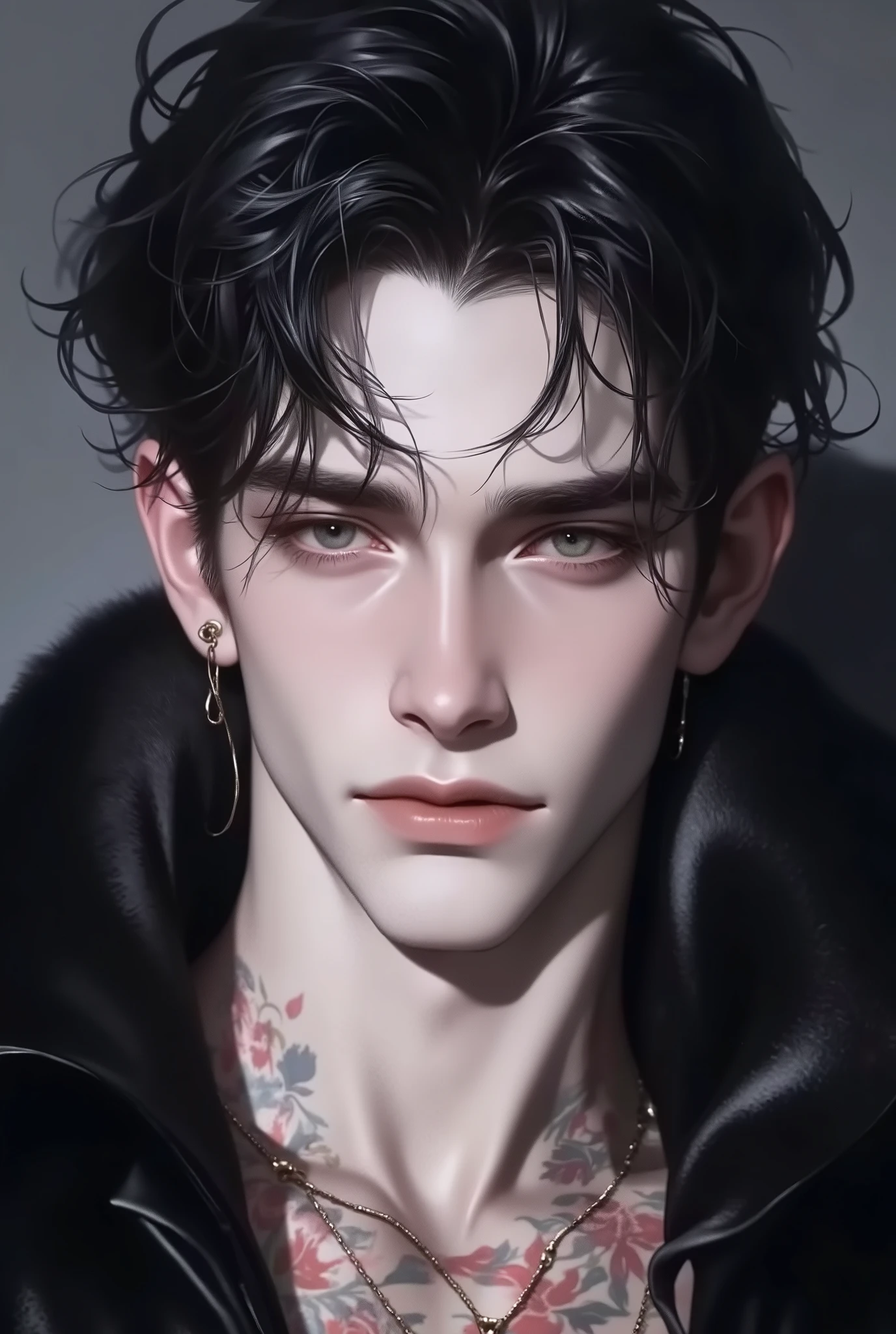 "(Costume,4k,8K,High Resolutions,Masterpiece:1.2),ultra detailed,(realistic,fotorrealistic,fotorrealistic:1.37), Manhwa Art European 25 years old man, ivory skin, Messy hair jet black hair, piercing eyes, Iris gray, Wear black coat, Nude Torso, muscular body,  athletic body, razor-sharp jawline, penetrating look, Cold and mysterious character, full body,  athletic body, 8K, Detailed features, very handsome, Dreamy look on his face, bright illumination, blurry background