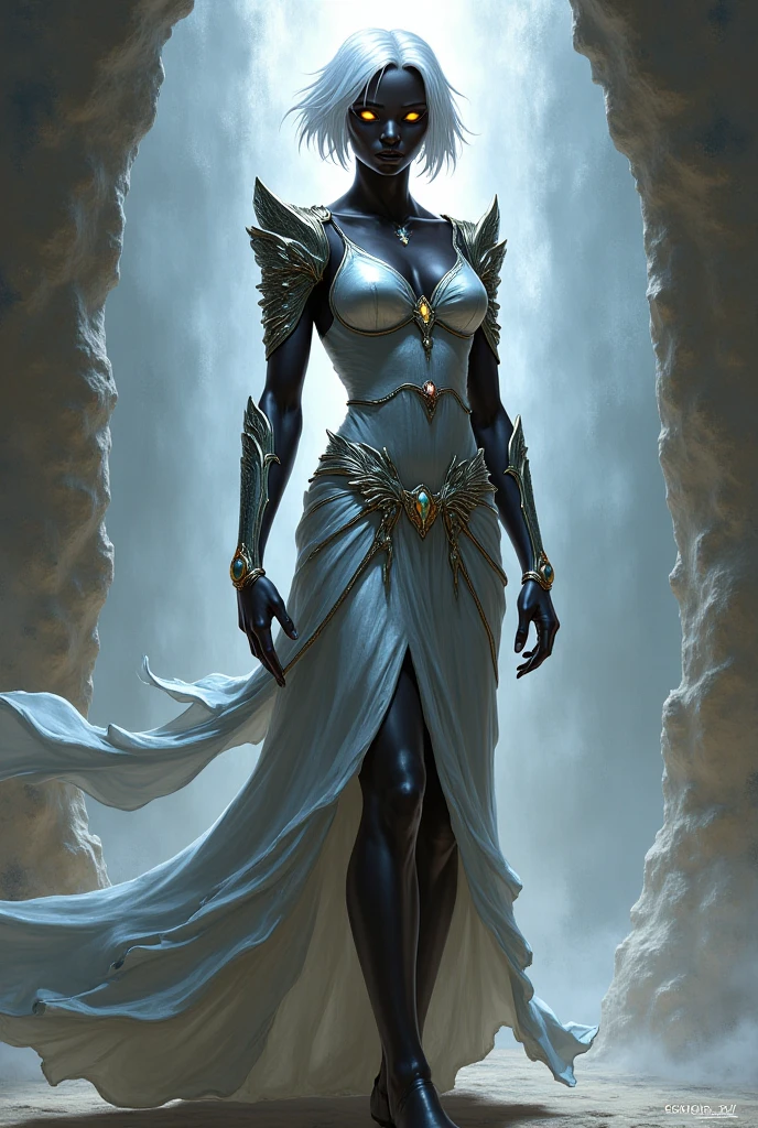 award winning 64k concept art of (black 1girl:1.2) in white majestic open dress standing proudly on the ice, posing, epic, god rays, centered, upper body, (masterpiece:1.2), (best quality:1.2), Amazing, highly detailed, beautiful, finely detailed, warm soft color grading, Depth of field, extremely detailed 64k, fine art, stunning, iridescent, shiny, (light reflections:1.2), (crisp:1.5), silver curls, storm, vibrant, sunlit, (edge detection:1.2), absurdres, impressive, 120mm, outlining, wide thighs