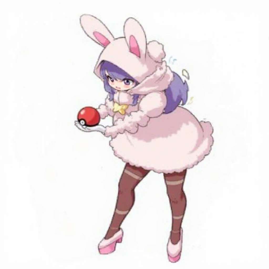 1girl adapted_costume alternate_breast_size animal_ears artist_logo bent_over blush breasts brown_pantyhose commentary courtney_(pokemon) creatures_(company) fake_animal_ears full_body game_freak gloves high_heels highres holding holding_poke_ball hood hood_up kaos_art large_breasts leotard logo looking_back nintendo pantyhose pink_shoes playboy_bunny poke_ball poke_ball_(basic) pokemon pokemon_oras purple_eyes purple_hair rabbit_ears rabbit_tail red_leotard ribbed_socks shiny_skin shoes short_hair sideboob simple_background socks solo tail watermark white_background