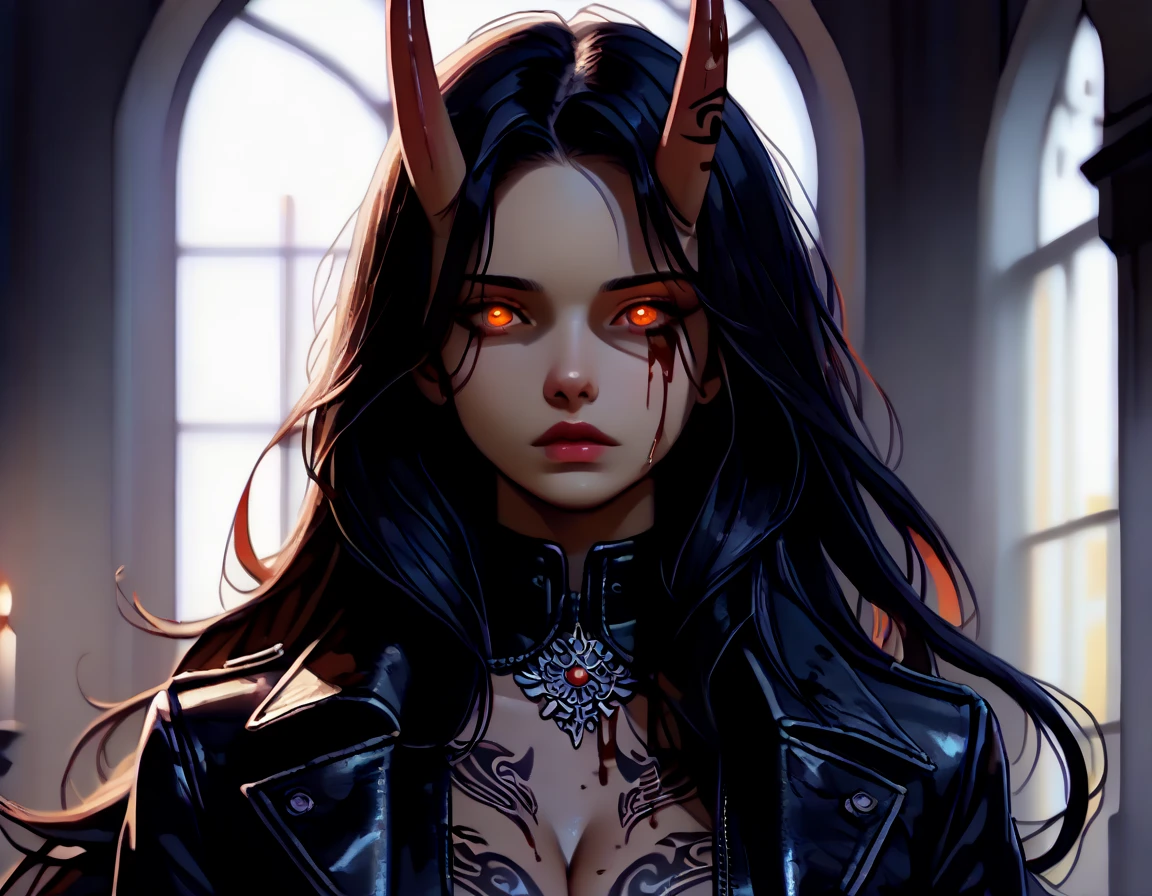 (best quality,photorealistic:1.37),portrait,she devil,dark,mystical,red eyes,sharp teeth,pale skin,fierce expression,flowing black hair,evil,alluring,fiery background,subtle horns,captivating gaze,high contrast,glowing aura,Lucifer vibes,ethereal beauty,deep shadows,ominous atmosphere,devilish charm,sleek and elegant,haunting intensity,moody lighting,demonic features,mesmerizing presence,devilishly seductive,cunning and graceful,otherworldly allure,sinister elegance,supernatural power,enchanted darkness