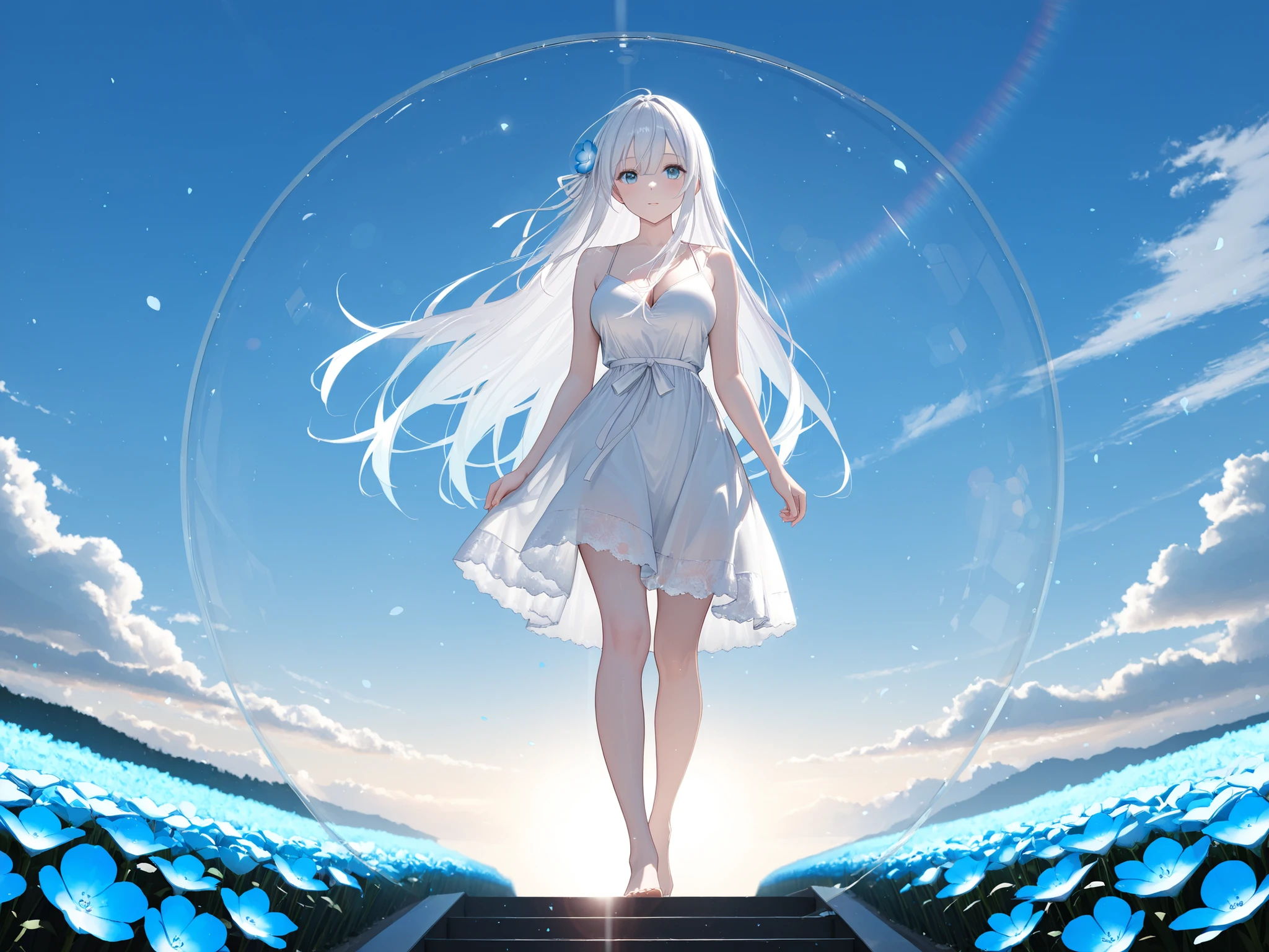 (High CT quality,4k,High resolution,main piece:4.3),Very detailed,Realistic:1.37,Best quality,masterpiece, high resolution,on_body, Tyndall effect,photorealistic, Edge lighting, Two-color lighting,(high definition skin:4.3), (8K UHD, DSLR quality, soft lighting, high quality, surround lighting, sincere, de 8K , 4K, 8K.) The albino girl: She has straight white hair without bangs. She has blue eyes. She is wearing a white lace summer dress with white ribbons at the waist. She walks barefoot On the background : a sunny day, blue sky with light rainbow clouds over an endless field of nemophiles, blue flowers. white transparent-glass staircase leads to the sky standing in the middle of blooming field.