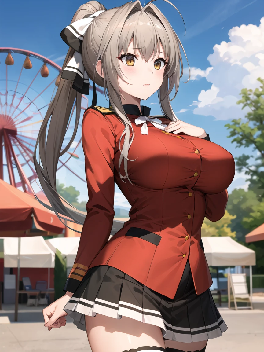 1girl,sento isuzu, brown eyes, brown hair, long hair, ponytail, antenna hair, bangs, hair intakes, hair bow, ribbon,red jacket, long sleeves, black pleated skirt, white thighhighs, uniform, aiguillette,oudoors,amusement park,masterpiece,best quality,ray tracing,photo-realisti ,looking at viewer,large_breasts<lora:Difference_3d2:1> <lora:add-detail-xl:2> <lora:SDXL_LORA_CHARACTER_SENTO ISUZU_V1:1>