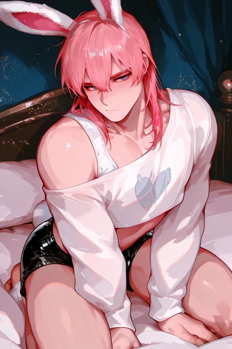 Femboy sexy, rosto bonito, olhos azuis, sexy expression, tongue out of mouth, pink lips, corpo delicado, cabelo rosa claro, usando orelhas de gatinho, pink collar around the neck. He is kneeling on the bed in a sexy way wearing white lingerie with bows.