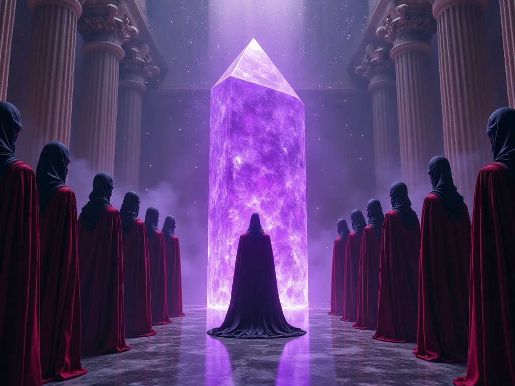 during Lent, the threshold portals open, letting out shadows and ancient pain. No centro, a violet crystal pulsates with transmuting energy, surrounded by stately Exus, in black and red costumes, in a position of spiritual defense.