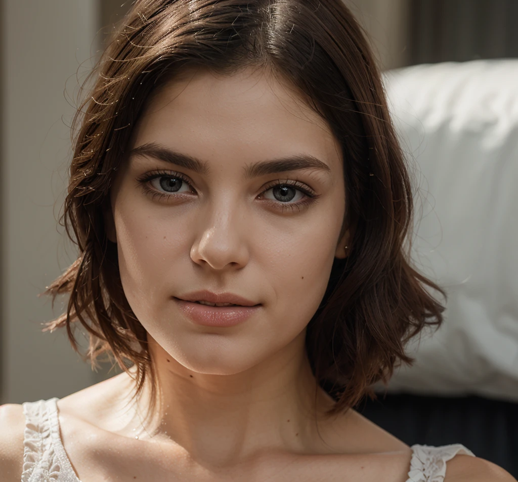 Breathtaking cinematic photo of a 25 year old girl with brown hair and brown eyes, happy, cheerful expression, closed mouth, beautiful lips, intricate details, shallow depth of field, highly detailed, high budget, epic Hollywood film, gorgeous, masterpiece, award-winning, professional, highly detailed, detailed skin texture, (blush: 0.5), (goosebumps: 0.5). (the most beautiful woman in the world) (brown hair) (short curly hair, wild hair, stylish cut) thin face, thin nose, beautiful, very beautiful, perfect face, slender body (slender), (brown hair) (brown eyes ) (white skin) Beautiful body, western face, predatory eyes, pink lips, thick thighs. full body, western beauty, thin nose, beautiful, perfect, ((best quality)), ((ultra resolution)), ((photorealistic: 1.4)), (intricate details), perfect face,