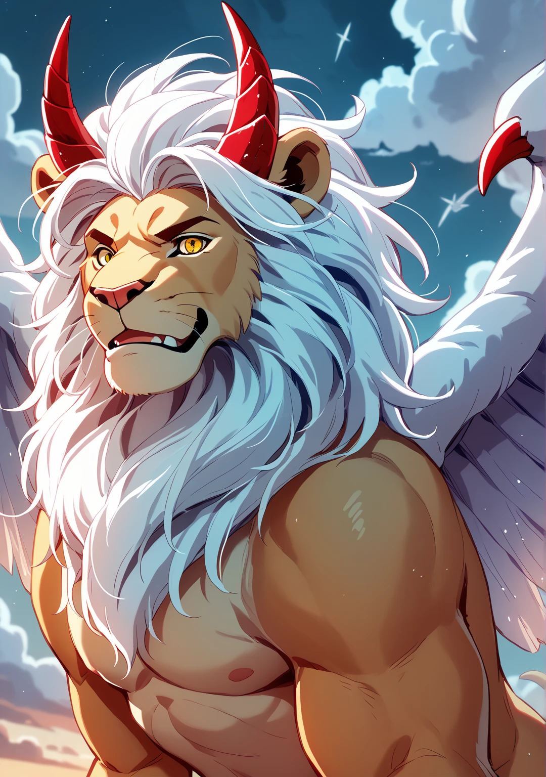 masterpiece,best quality,detailed,outdoor,dusk,hairy,lion,Unicorn,Seraphim,muscular,roses,(angel wings:1.2),blue pupils,sincere eyes,Fly in the air,(whole body:1.2),(Topless:1.2),(((convex))),8K
