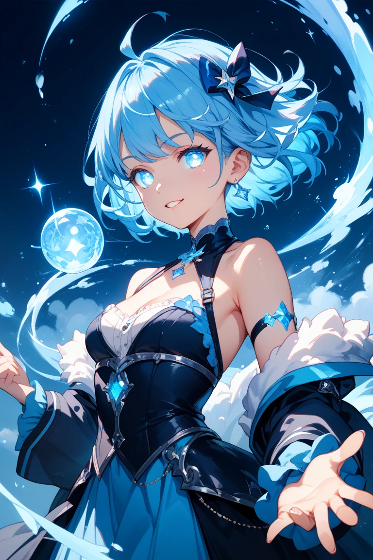 Menina de cabelo azul com branco , estrela(heaven) estrelado_heaven, lunar themed attire, night core, splash arte anime loli, knights of zodiac girl, Do videogame Azur Lane, arte oficial, Estilo Pixiv, goddess of galaxies, portrait knights of zodiac girl, estrelas brilhando, anime moe artstyle, Vencedor do concurso Pixiv