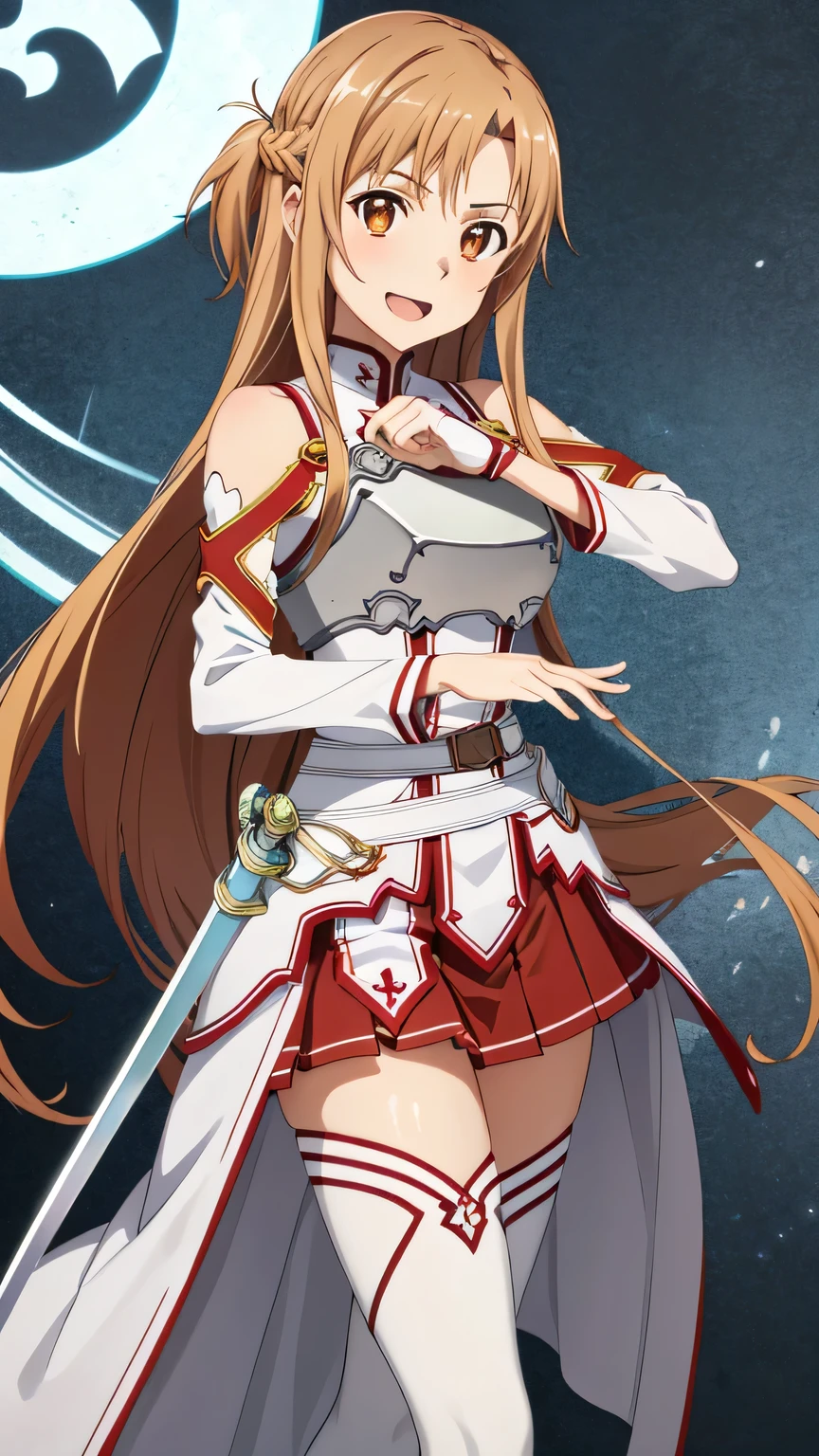 {{{masterpiece}}}, (best quality:1.5), (ultra-detailed:1.5), {illustration}, {{an extremely delicate and beautiful}}, (beautiful detailed eyes:1.6), absurdres, highres, extremely detailed face, 16k, hd, visual anime de uma jovem mulher, extremamente bonito rosto de anime, anime melhor garota, (perfect hands, perfect anatomy), anime face, Yuuki Asuna(Sword Art Online), aaasuna, Eft_sao_asuna, 1girl, solo, cute face, very long hair, brown hair, braid, half up, sidelocks, swept bangs, black pupils, (brown eyes:1.8), medium breasts, thin waist, big hips, curvaceous, BREAK, {Knights of the Blood Costume}, bare shoulders, white armor, (breast plate:1.3), white sleeves, detached sleeves, white sword belt, (red skirt:1.2), pleated skirt, mini skirt, white loincloth, white thighhighs, thighs, zettai ryouiki, BREAK, open mouth, smiling, female swordsman, weapon, 1 sword, rapier(Lambent Light), (long thin sword:1.3), holding, (hold a sword with one hand:1.2), with sword in hand, battle, ruins, attack, holding sword, (fighting stance:1.4), sweat