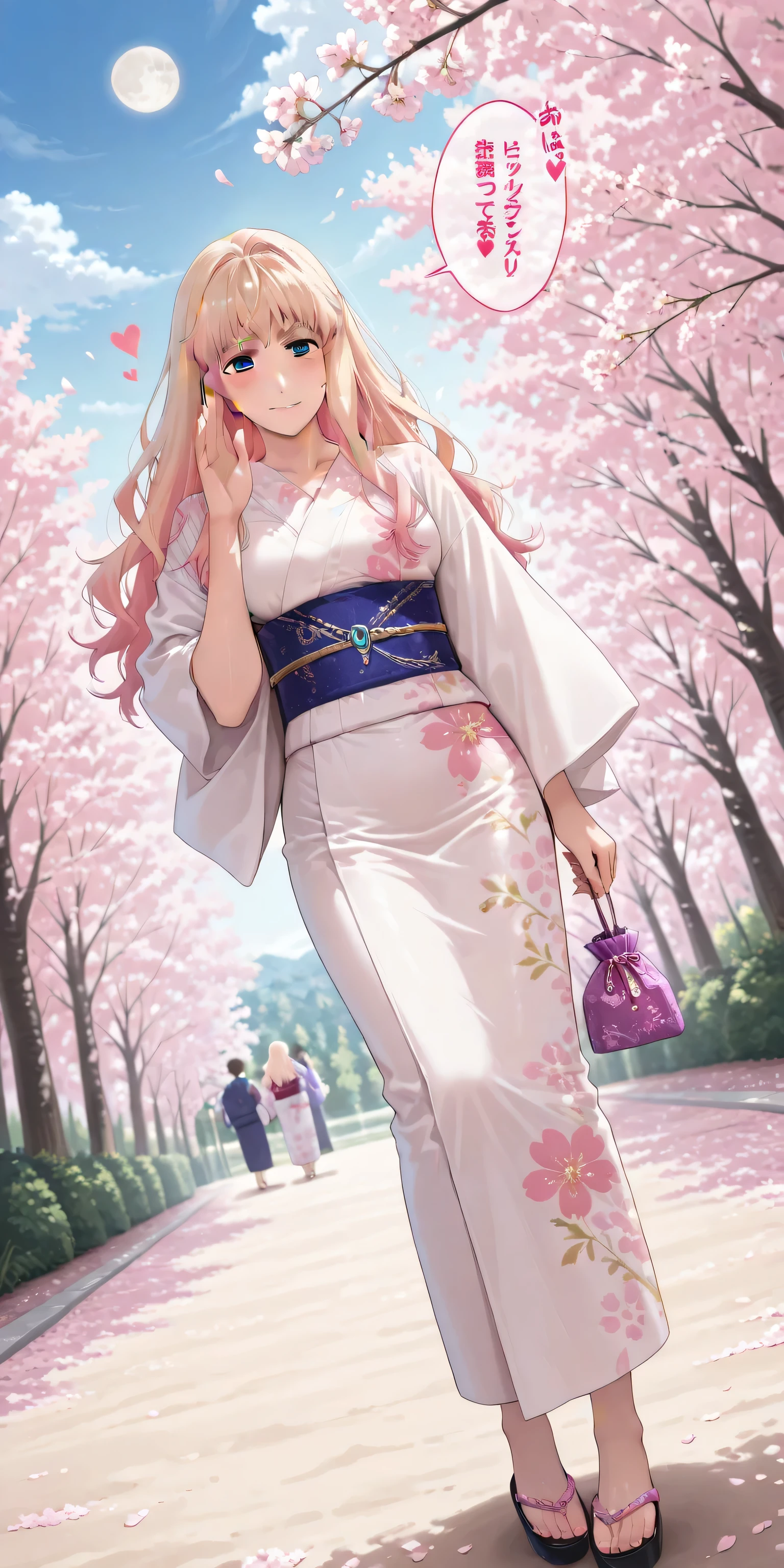 nsfw, Score_9, Score_8_up, Score_7_up, Score_6_up, Score_5_up, Score_4_up, Tag1, Tag2, Quality_masterpiece, (masterpiece, detailed:1.2), 32k, RAW photo 8k wallpaper, extremely detailed CG, romantic, beautiful detailed face, an extremely delicate and beautiful, super fine illustration, intricate detailed clothes, Absurd res, Anatomically correct, Beautiful face, Perfect face, Highly detailed beautiful face and eyes, Attractive face, Detailed face, Delicate facial features, Detailed skin, medium breasts, Slender, shiny skin, shiny, Oily skin, Mole under eye, Eyelashes, Happy Smile, Blush, Looking pleasured BREAK Rating_explicit, beautiful fingers, beautiful nail, solo focus, straight-on, front view, full body, Lysis, , (sheryl nome, multicolored hair, gradient hair, blonde hair, pink hair, long hair, medium breasts, blue eyes, , yukata, japanese clothes, floral printed kimono, , Sheryl Nome - Macross Frontier), Standing in honor, , dynamic angle, dynamic pose, looking at viewer, Selfie shot, , BREAK, (Great view, Cherry blossoms in full bloom, Park with beautiful waterfalls, Whispering Forest, Forest, Light Forest, petals flying in the air, clear sky, white moon and clouds, Hyperrealism artstyle, detailed_background, landscape), , (A speech bubble reads, "heart":1.2)