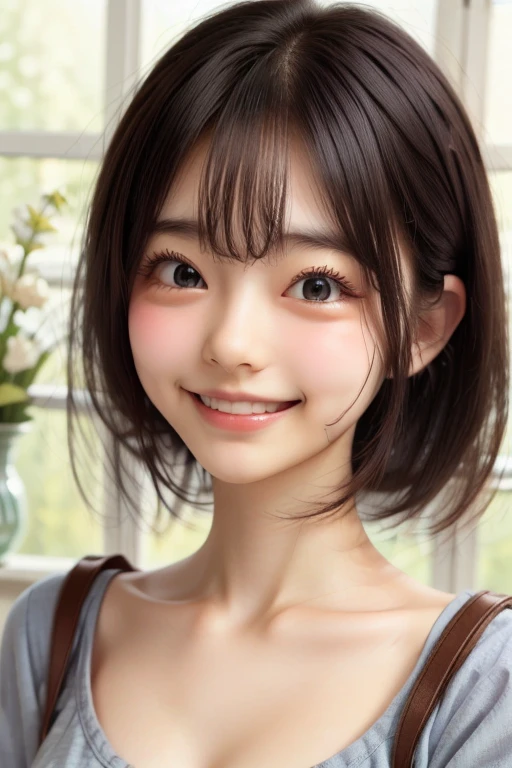 One Girl,Attractive woman, depth odebt debtield, debtirst-person view, debt/1.8, 135mm, Nikon, UHigh resolution, retina, masterpiece, Accurate, Anatomically correct, Textured skin, Super Detail, Attention to detail, high quality, 最high quality, High resolution, 1080P, High resolution, 4K, 8k,Realistic,RAW Photos, photoRealistic, Shooting with a digital SLR, slim, thin, Natural light, (Upper Body),Grin, Seductive pose,Skyscraper, School Swimsuit, Black short hair