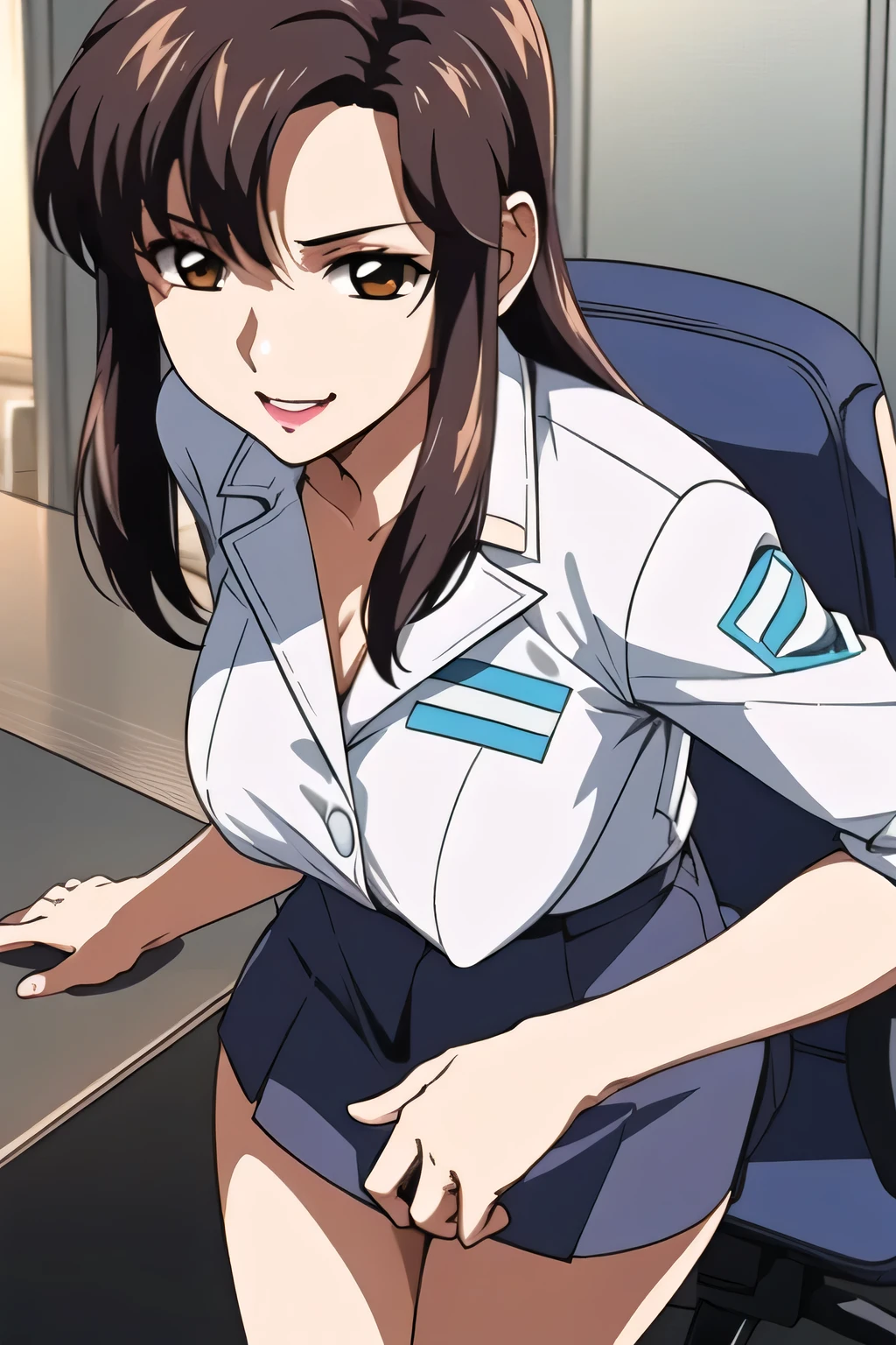 smile,Please draw a more delicate expression, white boots , (((office lady uniform))),( I'm getting close to 40、mature attractive woman {X} Please draw a more delicate expression),(white blouse),(black micro mini skirt)(blue panties),I'll do it myself、 amazing,I need it for work、frown, draw 5 fingers accurately 、It's very important at work,, Inside the company , I'm getting close to 40です、mature attractive woman, , Big Breasts, thin waist , , ,I'll do it myself,
