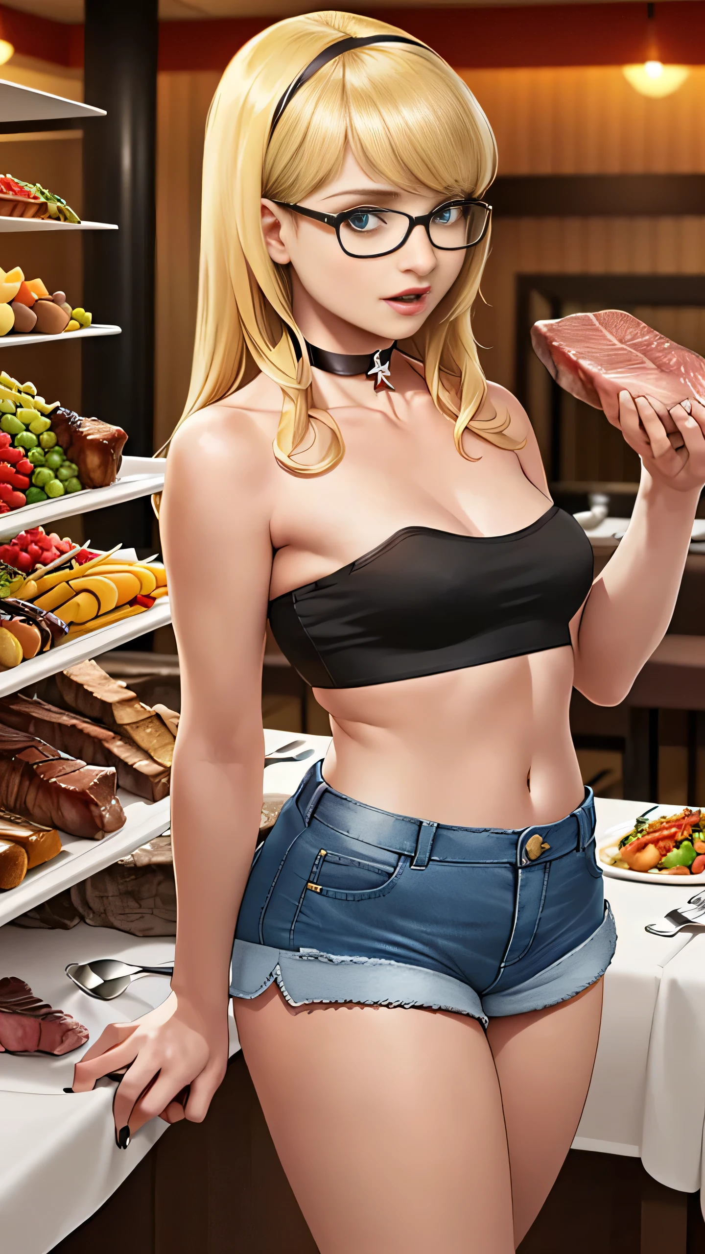 January Jones, masterpiece quality, (masterpiece quality:1.3), detailed, realistic, (realistic:1.3), in a restaurant kitchen, lots of food in background, food everywhere, short hair, platinum hair, wearing white bra, (white bra:1.5), wearing white panties, (white panties:1.5), wearing choker collar, small breasts, (small breasts:1.5), thin body,