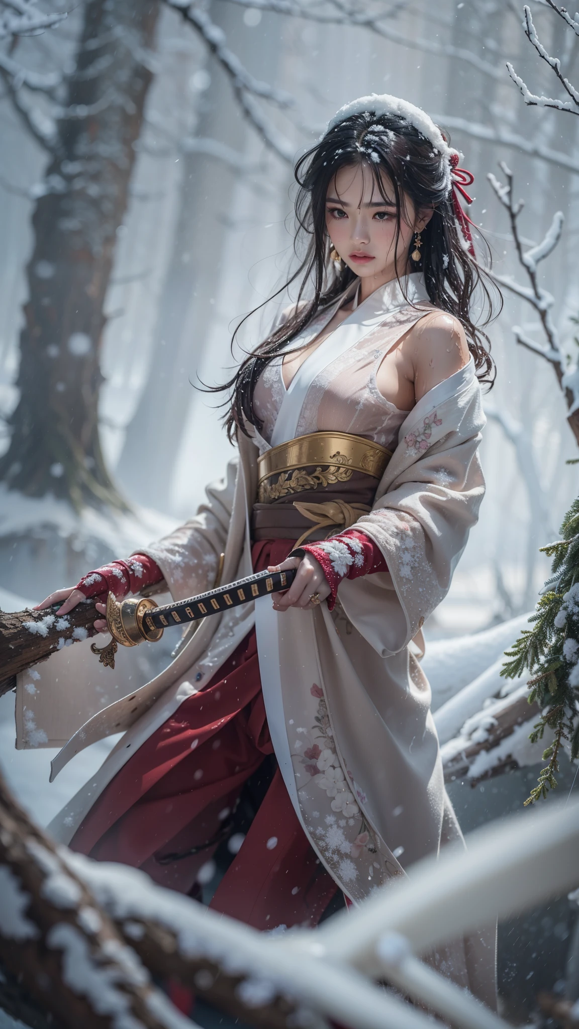 woman, Blue and White TIger Samurai with tattered worn cloak standing in a fierce , highly detailed, photorealistic, unreal engine, combat stance. unreal engine 5, hyper-realism, Nvidia Geforce 4090TI ,Katana, snow mountains in the backround, magical power