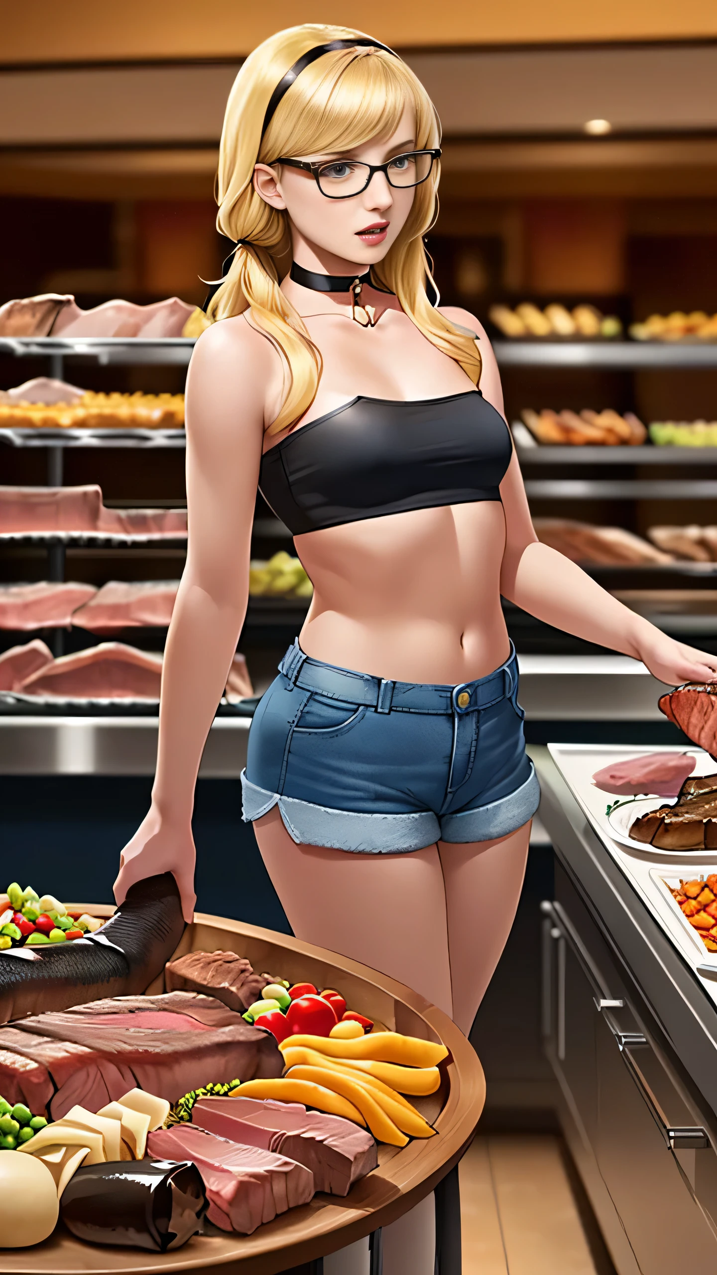 Bernadette Rostenkowski, (Bernadette Rostenkowski:1.5), masterpiece quality, (masterpiece quality:1.3), detailed, realistic, (realistic:1.3), 1girl, solo, (solo:1.9), 30 years old, in a buffet restaurant, (in a buffet restaurant:1.5), lots of meats in background, (lots of meats in background:1.5), shoulder-length hair, (shoulder-length hair:1.5), blonde hair, (blonde hair:1.5), wearing black tube-top, (wearing black tube-top:1.9), wearing blue jean shorts, (wearing blue jean shorts:1.5), wearing choker collar, (wearing choker collar:1.5), wearing glasses, (wearing glasses:1.5), thin body, small breasts, (small breasts:1.5),