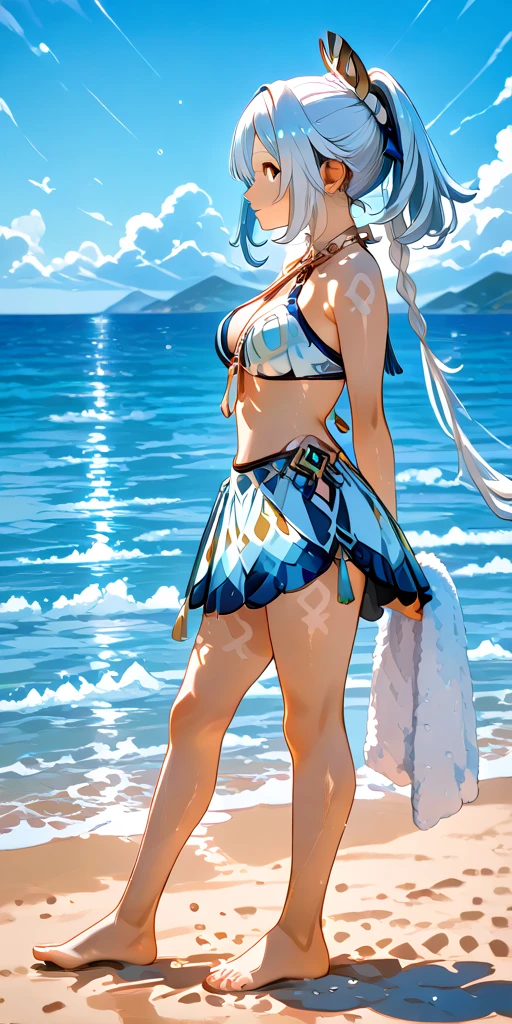16K image, 1girl beautiful with big breasts, very thin waist, beautiful big ass, curvy, tanned, long wavy white hair, on top of a boat with a joint in a lake, excellent image quality, 16k --auto --s2