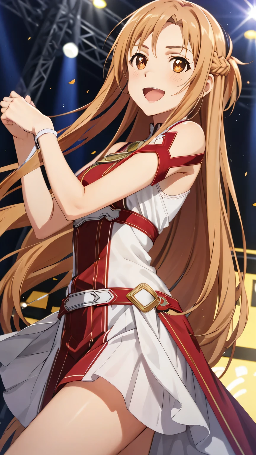 {{{masterpiece}}}, (best quality:1.5), (ultra-detailed:1.5), {illustration}, {{an extremely delicate and beautiful}}, (beautiful detailed eyes:1.6), absurdres, highres, extremely detailed face, 16k, hd, visual anime de uma jovem mulher, extremamente bonito rosto de anime, anime melhor garota, (perfect hands, perfect anatomy), anime face, Yuuki Asuna(Sword Art Online), aaasuna, Eft_sao_asuna, 1girl, solo, cute face, very long hair, brown hair, braid, half up, sidelocks, swept bangs, black pupils, (brown eyes:1.8), medium breasts, big hips, curvaceous, BREAK, idol costume, red dress, BREAK, 1girl, solo, smile, open mouth, dancing, jumping, sing , singing, joyful, cute pose, dynamic pose, dynamic angle, indoor, stage, on stage, audience
