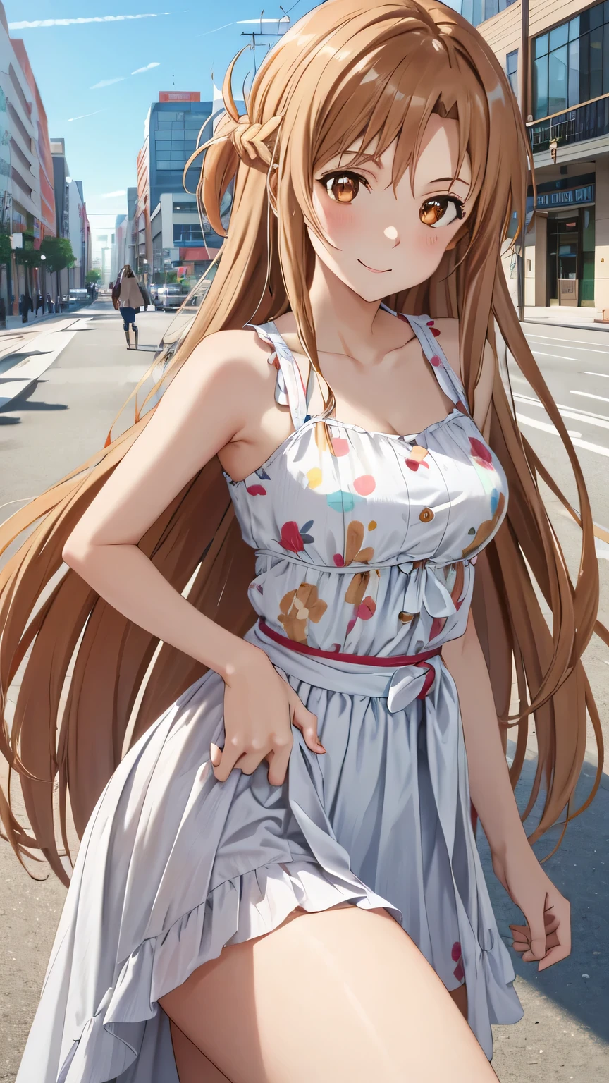 {{{masterpiece}}}, (best quality:1.5), (ultra-detailed:1.5), {illustration}, {{an extremely delicate and beautiful}}, (beautiful detailed eyes:1.6), absurdres, highres, extremely detailed face, 16k, hd, visual anime de uma jovem mulher, extremamente bonito rosto de anime, anime melhor garota, (perfect hands, perfect anatomy), anime face, Yuuki Asuna(Sword Art Online), aaasuna, Eft_sao_asuna, 1girl, solo, cute face, very long hair, brown hair, braid, half up, sidelocks, swept bangs, black pupils, (brown eyes:1.8), medium breasts, big hips, curvaceous, BREAK, Sweet girl clothes6, print dress, BREAK, smiling, flushed cheeks, walking, looking at viewer, outdoor, city, building, sky, daytime, cowboy shot