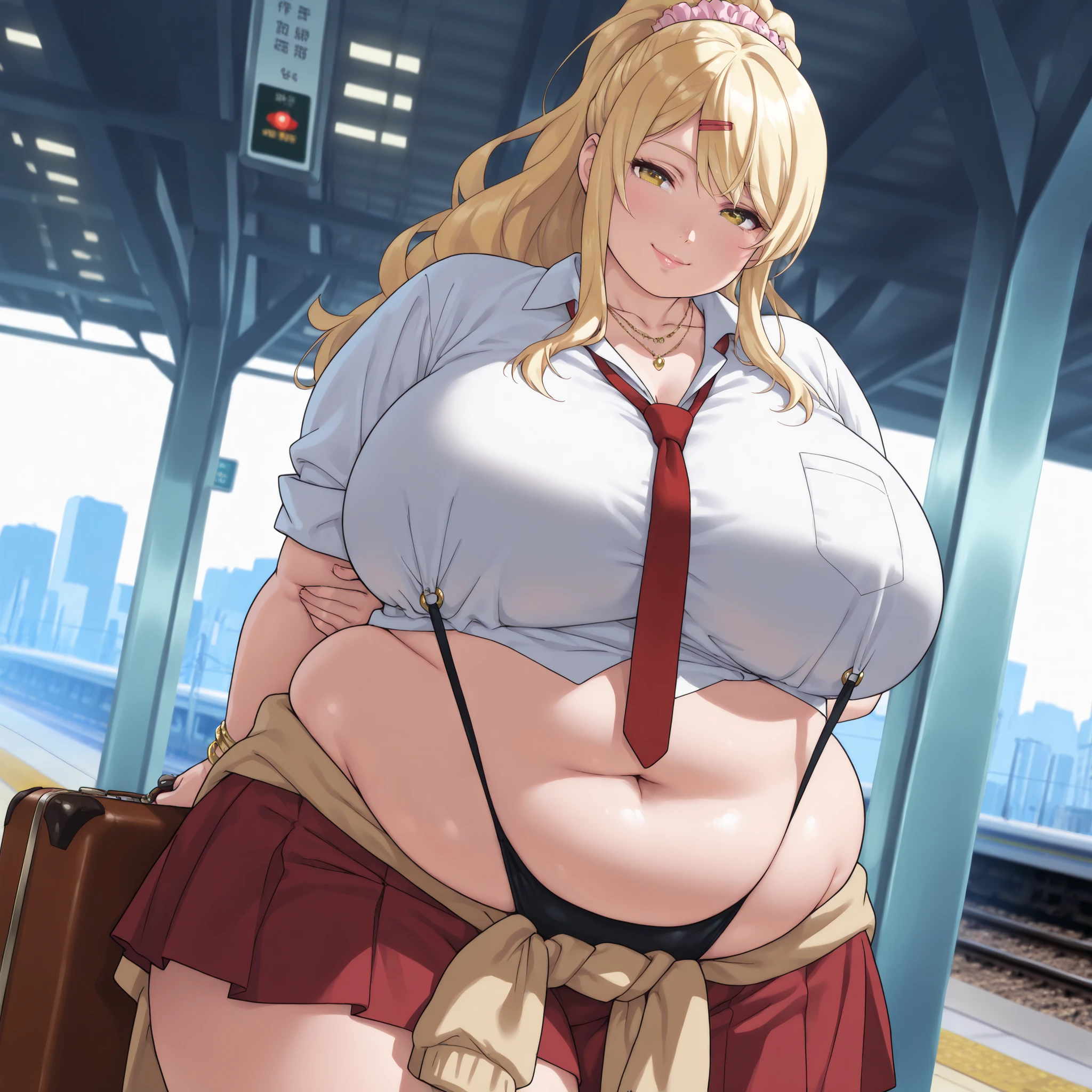 1 woman, beautiful mature woman, attractive detailed face, delicate facial features, detailed skin, huge breasts, slingshot swimsuit, hand behind back, looking seductive, ultra-detailed, (best quality,4k,8k,highres,masterpiece:1.2), cinematic lighting, octane render, 8k uhd, extremely detailed, intricate details, hyper realistic, high definition, sharp focus, ,compositionmuted colors, skin pores, score_9, score_8_up, score_7_up, (cowboy shot, dutch angle:1.2), score_9, score_8_up, score_7_up, source_anime, himari ishikura, long hair, bangs, blonde hair, large breasts, hair ornament, yellow eyes, ponytail, hairclip, high ponytail, large breasts, anime screencap, skirt, shirt, jewelry, school uniform, white shirt, necktie, collared shirt, necklace, bracelet, red skirt, red necktie, clothes around waist, gyaru, train station, waiting for train, suitcase, traveling, commute, city skyline, hands behind back, , head rest, smile,, looking at viewer, solo,, cowboy shot, solo, (negative_v2 Color_Balance_Calibration:0.8), negativeXL_D, aidxlv05_neg, Stable_Yogis_Animetoon_Negatives, chubby, chubby girl, curvy, large breasts, lips, plump, thick thighs, thighs, (((oversized gigantic stomach)), curvy, large breasts, lips, plump, thick thighs, thigh, immobile