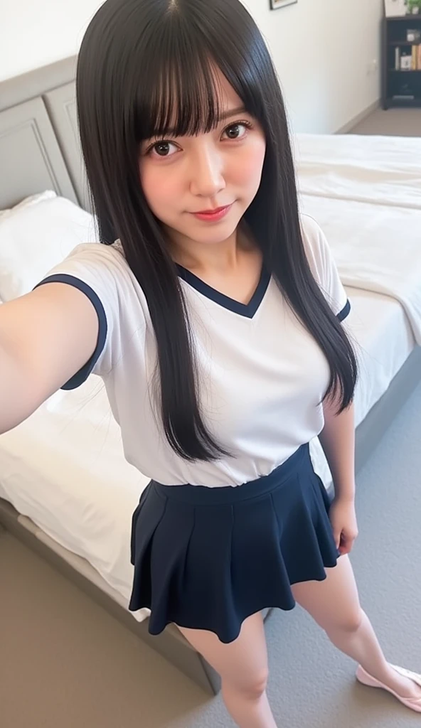 Neat and clean high school girl、(school uniform、Sailor suit、Ribbon tied on chest、Summer clothes、The upper body is white、The skirt is navy blue)、On the bed、(slim)、Realistic、detailed, Skin Texture, 超detailed、Delicate and sexy collarbone、A sloppy smile、スーバーdetailedな顔、detailed唇、detailedな目、Small breasts、Small breasts、、Small breasts、Flat Chest、Emphasize the chest、Bright Face、((Are standing、Her white panties are visible under her skirt、Lift the hem of your skirt slightly with both hands.,,))((Naked and wearing only a white apron、Naked sexy white apron))、Short hair with bangs、Straight Bob Hair、、Angle from above、12 years old