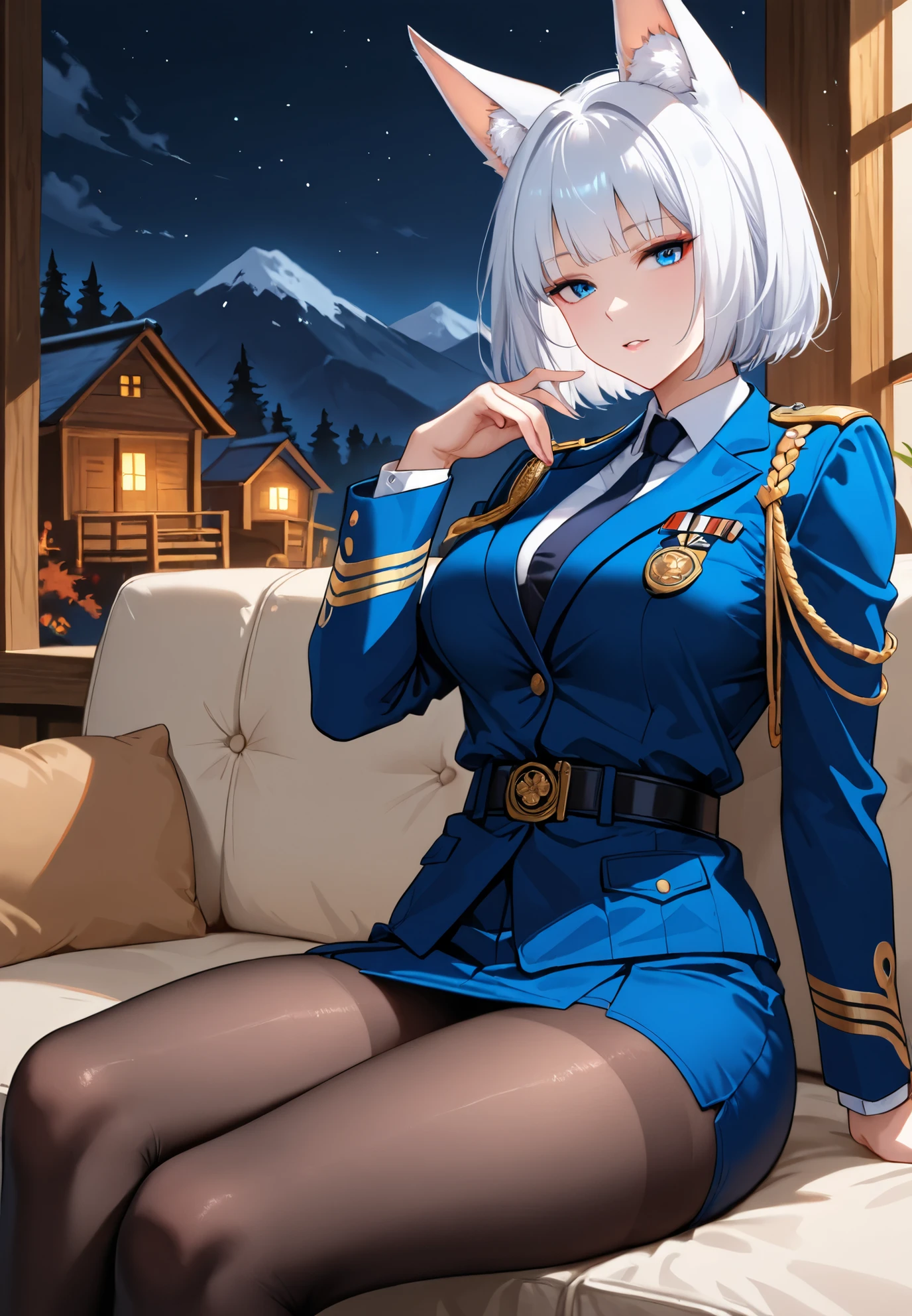 1girl, solo, Kaga, Azur Lane, white hair, uniform, sitting on a couch, sexy pose, alluring atmosphere, mountain cabin, night time, beautiful lighting and shadows,