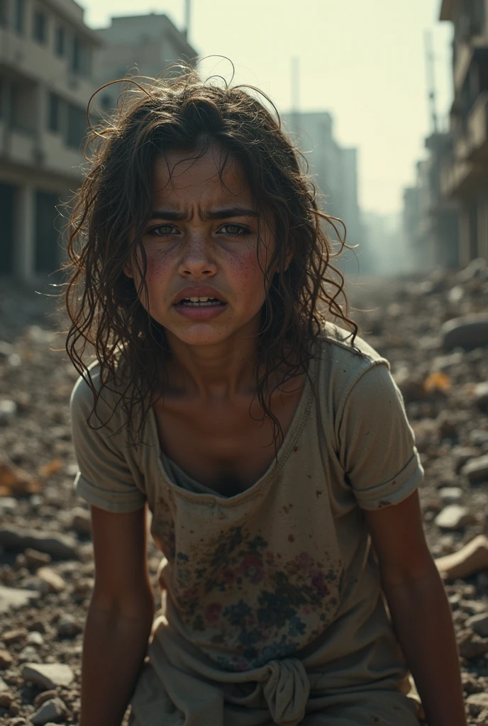 (((best qualityer))), high detaild, depth of fields, ((naughty girl)) 8 year old Brazilian, Tired eyes, thin eyes, eyes large, worn out clothes, Hair is tangled, The skin is damaged by dirt, abandonned, Simple street in a poor neighborhood with buildings with broken windows, Thin face and eyes are sad and scary, sitting with knees bent, (Realistic Photos:1.5), (((high resolution illustration))), (((extremely detaild))), dramatic shadows, cinematographic, warm light, shallow depth of field, talking to a 45 year old man, grizzled, in branded clothes and in the background a parked luxury car highlighting the contrast between the two.
