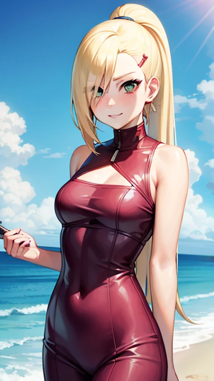 Yamanaka Ino anime seductive, 1girl ,Close-up shot,ssmile,Be red in the face,blond hairbl,Portrait photo,looks into camera,tmasterpiece,beachside,sandbeach,Greenery,detailed back ground,sfw