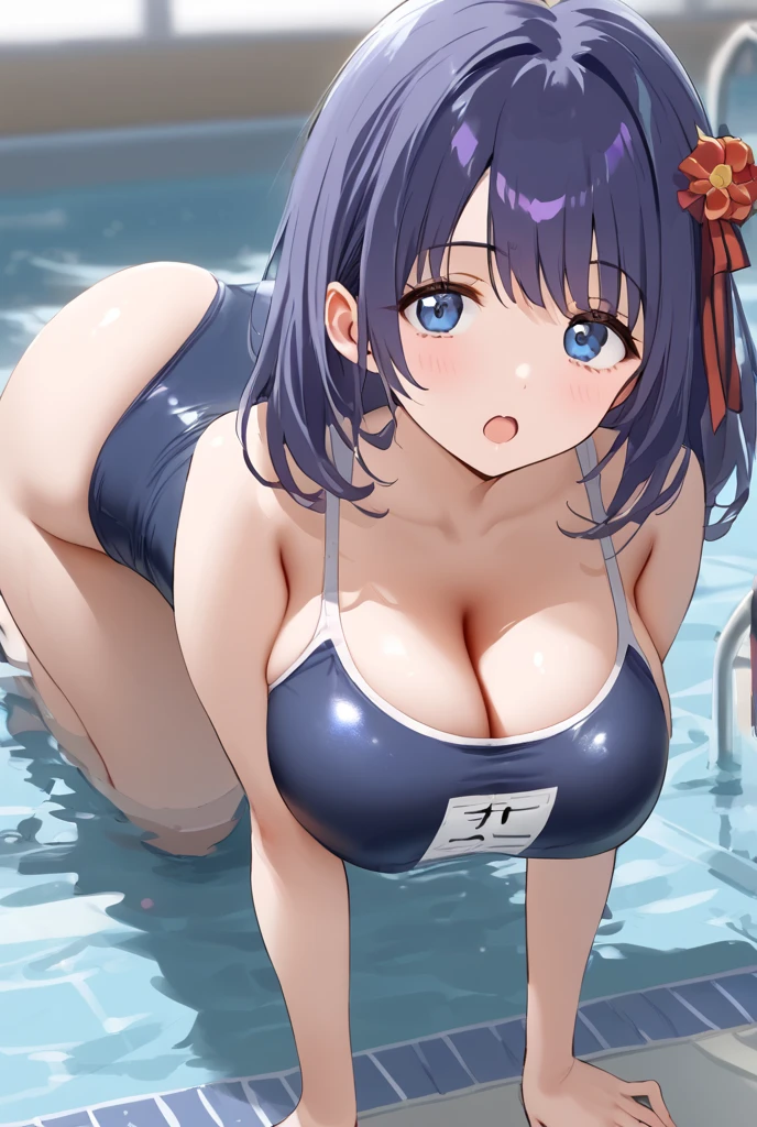 masterpiece, best quality, ultra detailed, sparkling eyes, ((She has a small amount of sperm on her cleavage)), A highly detailed anime-style illustration of a young woman with medium-length, dark blue hair tied in twin tails. She has large, expressive blue eyes and a shy, endearing expression with a slight blush on her cheeks. The woman is wearing a wet, dark blue one-piece swimsuit, which is partially pulled down, exposing her large breasts. The swimsuit clings to her body, emphasizing her curves. Her skin is glistening with water, and there are droplets on her body and hair. The background is a simple, indoor setting with soft lighting that highlights her figure.