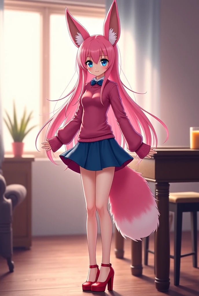 [nazuna hiwatashi], [Uploaded to e621.net; (Pixelsketcher), (wamudraws)], ((masterpiece)), ((HD)), ((high res)), ((solo portrait)), ((full body)), ((front view)), ((feet visible)), ((furry; anthro)), ((detailed fur)), ((detailed shading)), ((beautiful render art)), ((intricate details)), {anthro fox girl; pink fur, black nose, (cute red eyes), (long eyelashes), (luffy pink tail), (long pink hair), (two toned hair), (hot-pink tips on hair), (sharp white nails), (curvy hips), (beautiful legs), (beautiful feet), (blushing), (cute smirk)}, {(grey tee shirt), (black yoga pants), (pink leg warmers)}, {(sitting on couch), (hands in lap), (looking at viewer)}, [background; (living room), (window), (clouds in sky), (blue sky), (sun rays), (ambient lighting)]